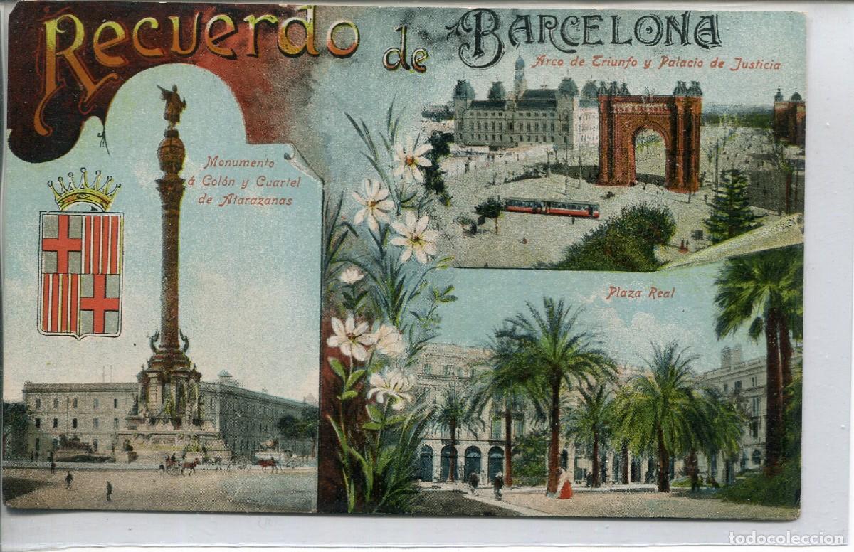 Postales: RECUERDO DE BARCELONA-MULTIVISTAS- JORGE VENINI-COL&Oacute;N-ARCO TRIUNFO-PLAZA REAL