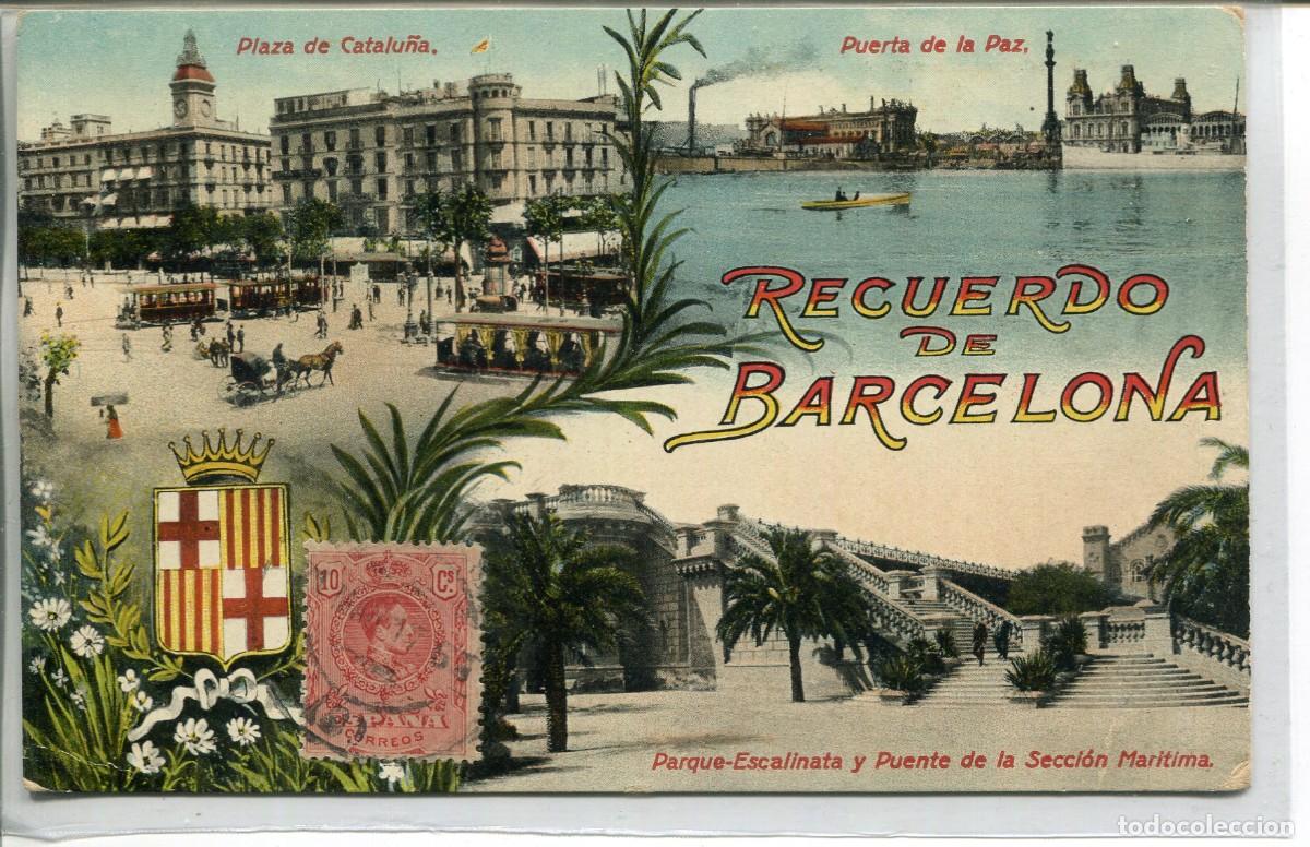 Postales: RECUERDO DE BARCELONA-MULTIVISTAS- JORGE VENINI-PLAZA CATALU&Ntilde;A-PUERTO-MODERNISTA-1917