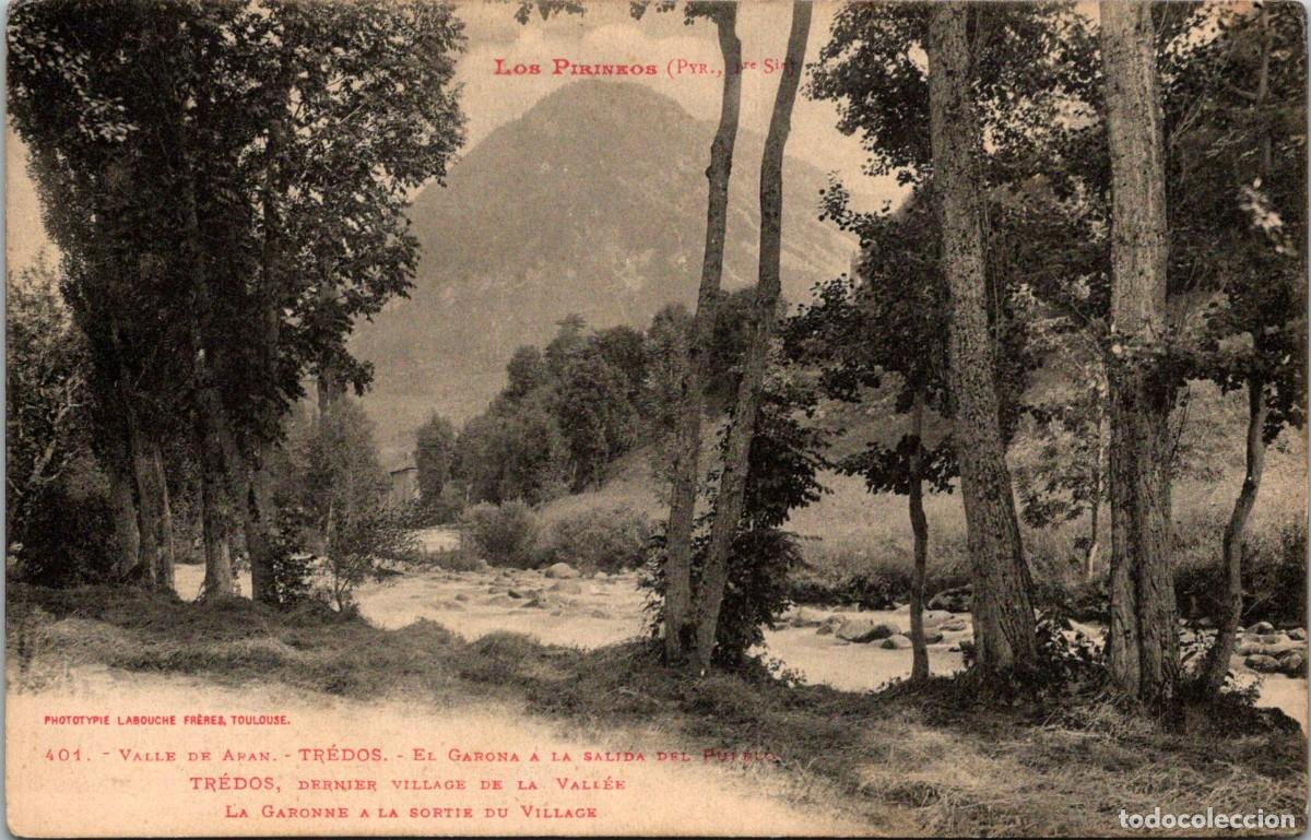 Postkarten: Valle de Ar&agrave;n - Tr&eacute;dos - El Garona a la salida - Labouche n&ordm; 401 - 141x91mm -Reverso: Dibujo Colom&eacute;s