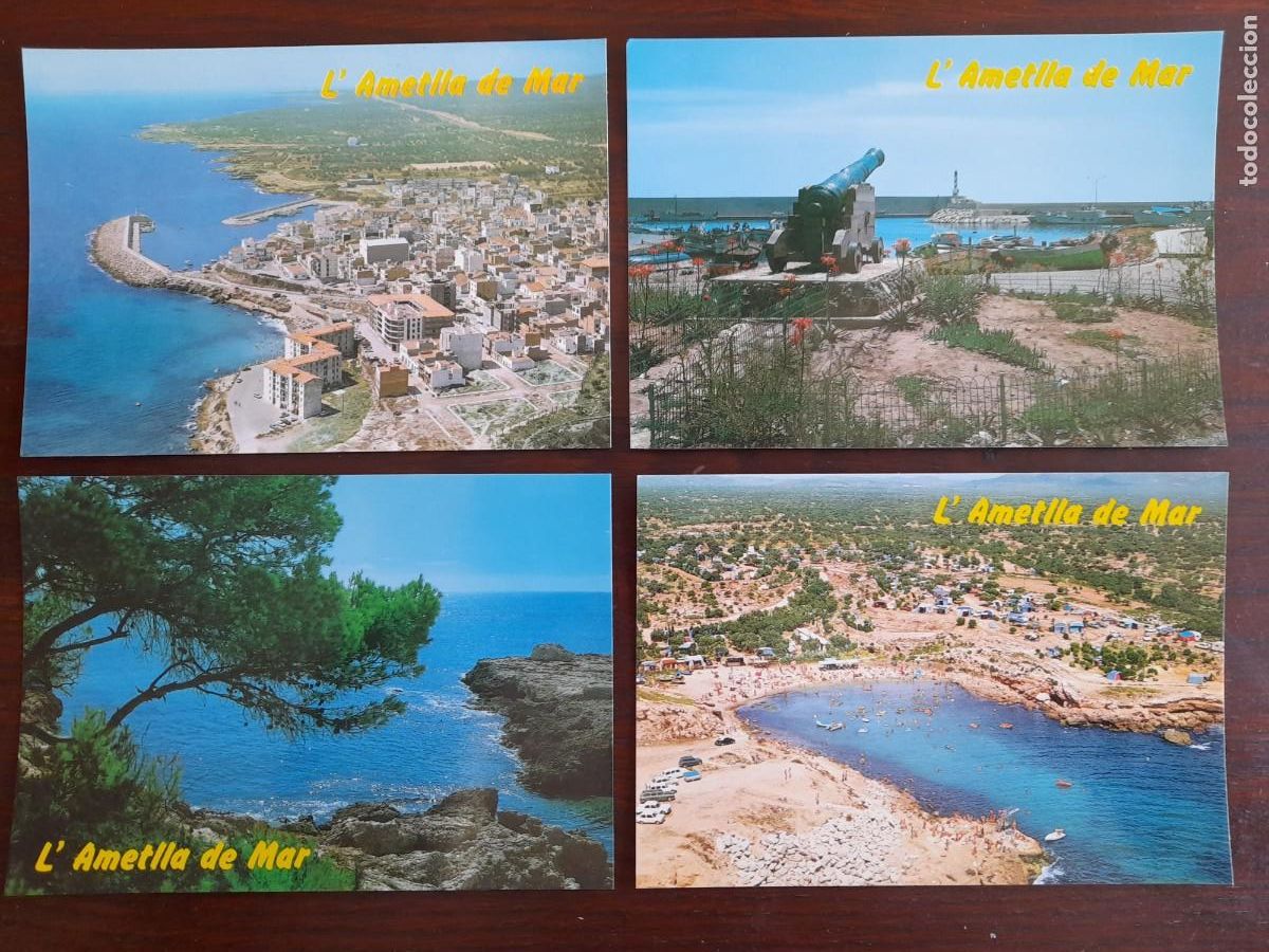 Postales: Una postal vintage de vista aerea de l&acute;Ametlla de mar en la comarca de Baix Ebre 4 tarjetas a elegir