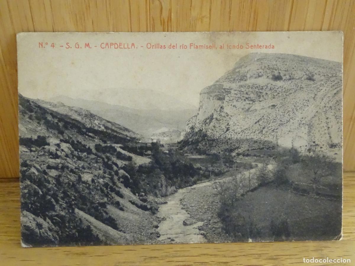 Postales: POSTAL CAPDELLA. N&ordm; 4. ORILLAS DEL R&Iacute;O FLAMISELL, AL FONDO SENTERRADA. THOMAS.