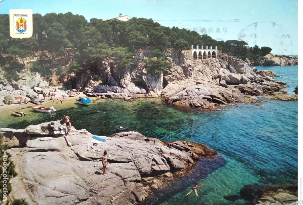 Postales: Playa de Aro. 2145 Playa Sa Cova. Escudo de Oro. Usada con sello. Color