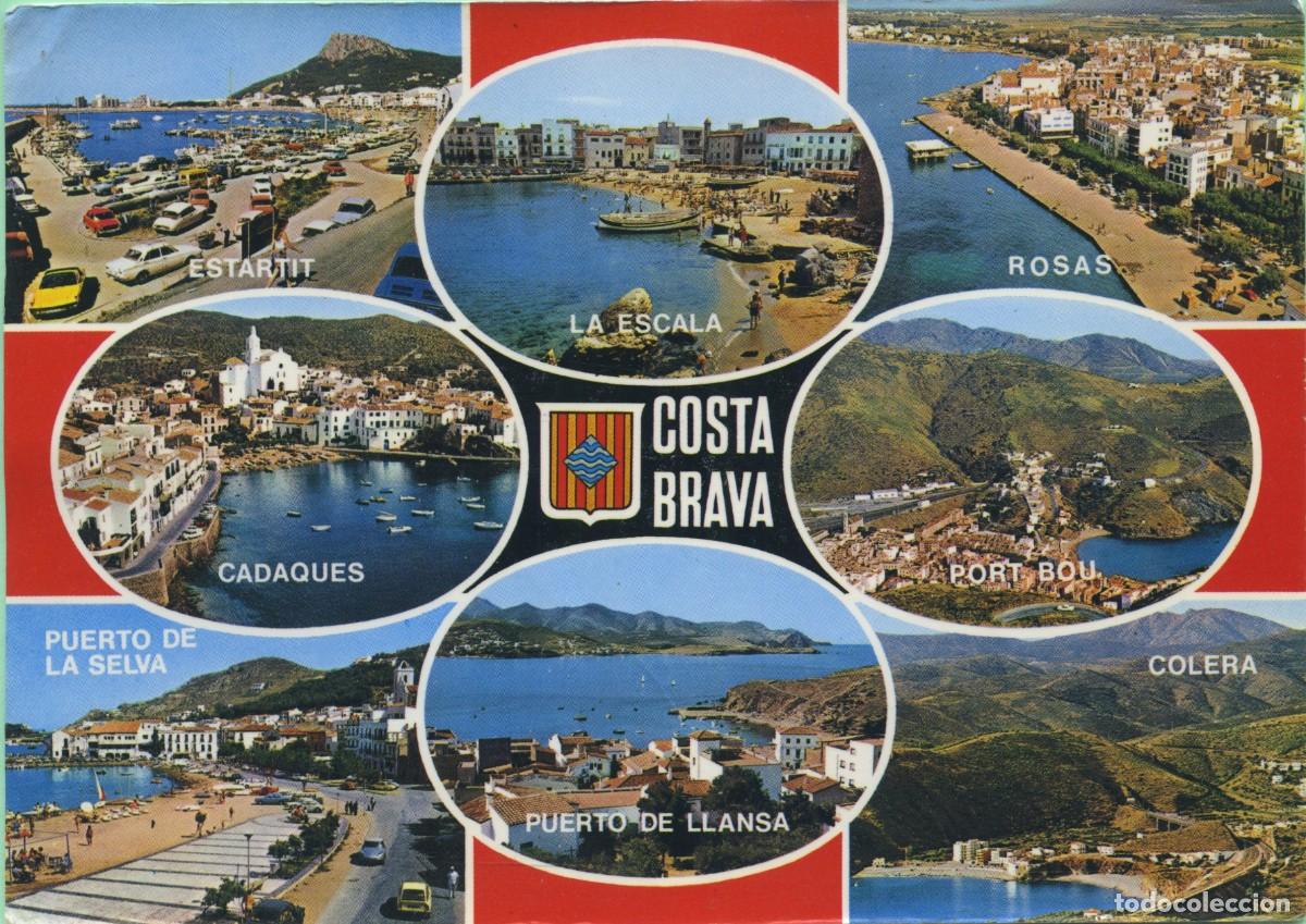 Postales: N&ordm; GE 4047 m-COSTA BRAVA. Diversos aspectos. Circulada en 1957. ED. POSTALES INTERNACIONAL COLOR