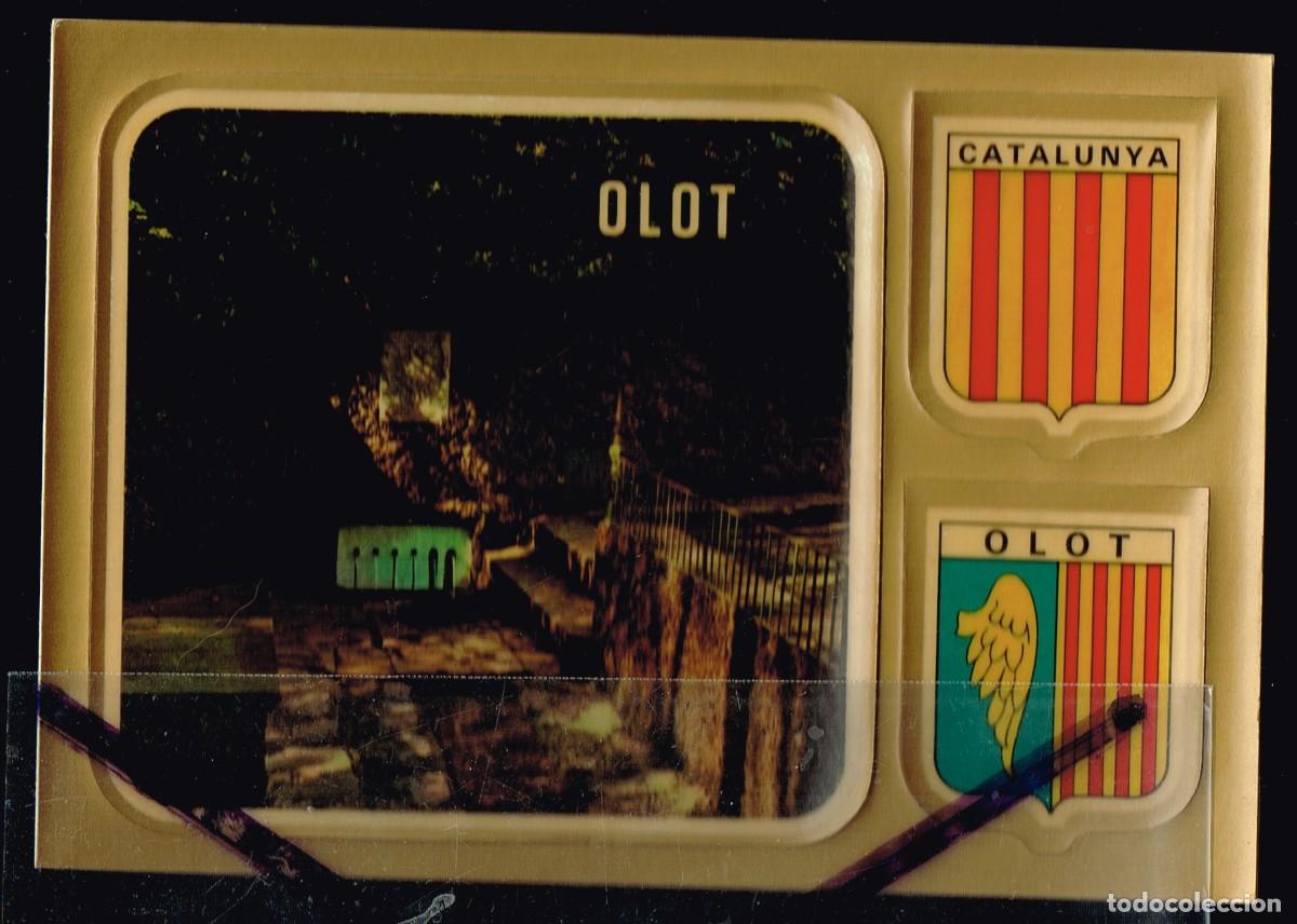 Postales: POSTAL 3 PEGATINAS AUTOADHESIVAS: FOTO Y ESCUDO DE OLOT (Font Moixina) Y ESCUDO CATALUNYA