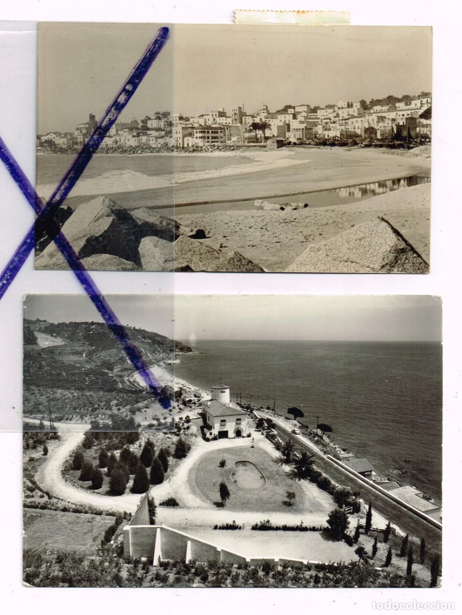 Postales: 50/60&acute;s. ca. SANT POL DE MAR 2 POSTAL B/N PUEBLO ENSENADA, PANOR&Aacute;MICA CON V&Iacute;A TREN