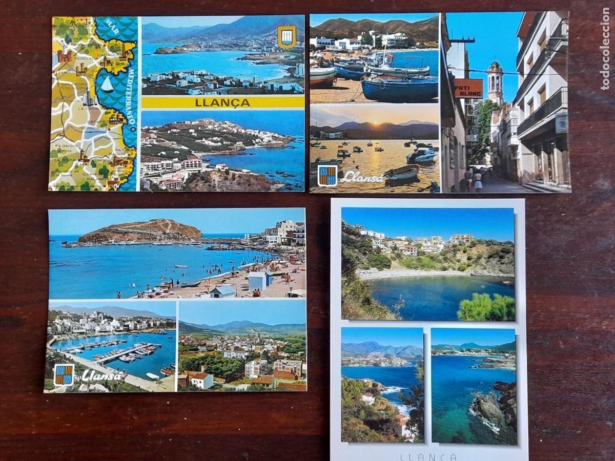 Cartoline: Una postal vintage a&ntilde;os 70&acute;s colaig im&aacute;genes varias mapa y litoral de Llan&ccedil;a, 4 tarjetas a elegir