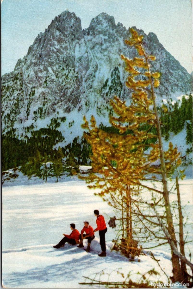 Postales: El Lago de San Mauricio helado - Al fondo Els Encantats - Campa&ntilde;&aacute; y Puig Ferr&aacute;n II 1708 - Coloreada