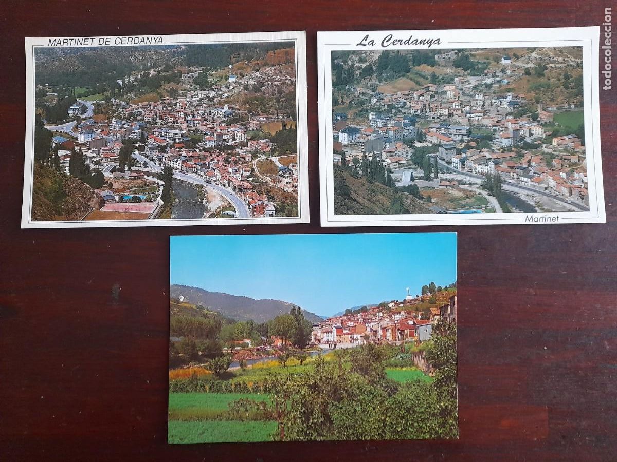 Postales: Una postal vintage 80&acute;s vista a&eacute;rea general de Martinet de Cerdanya y rio Segre, 3 tarjetas a elegir