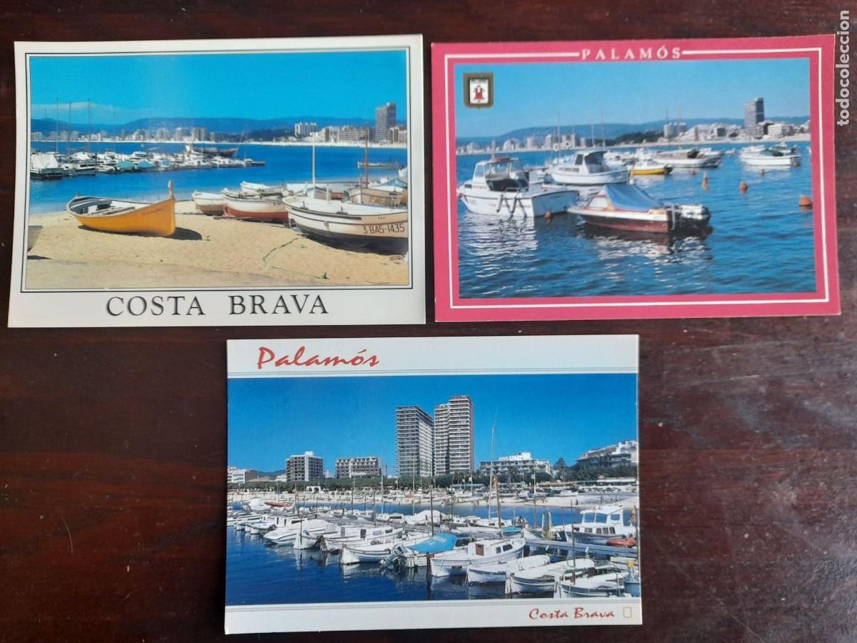 Postkarten: Una postal vintage a&ntilde;os 80&acute;s playa de Palam&oacute;s embarcadero y puerto deportivo 3 tarjetas a elegir