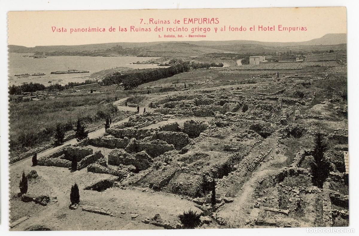 Postais: a09866 Empuries vista panoramica de las ruinas del recinto griego y al fondo hotel empuries roisi sc