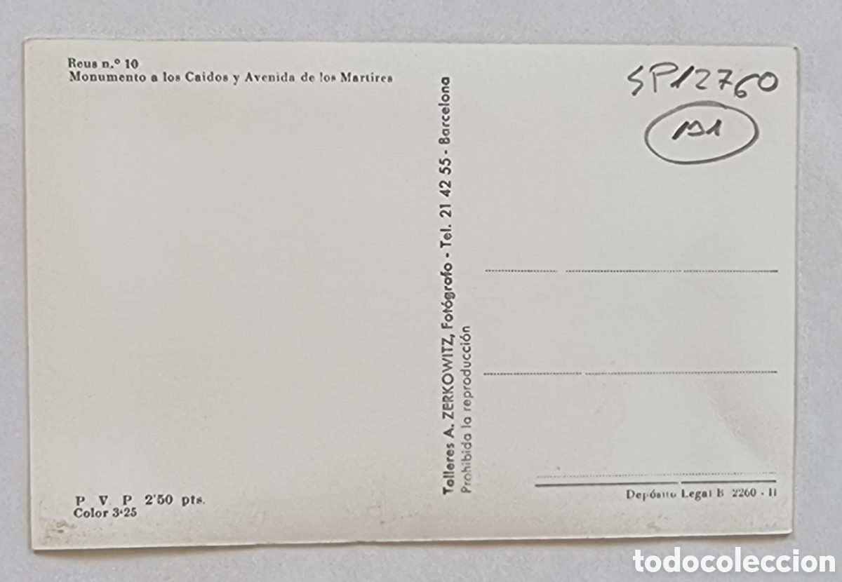 Postales: REUS - POSTALES - Monumento a los ca&iacute;dos. - Foto 2