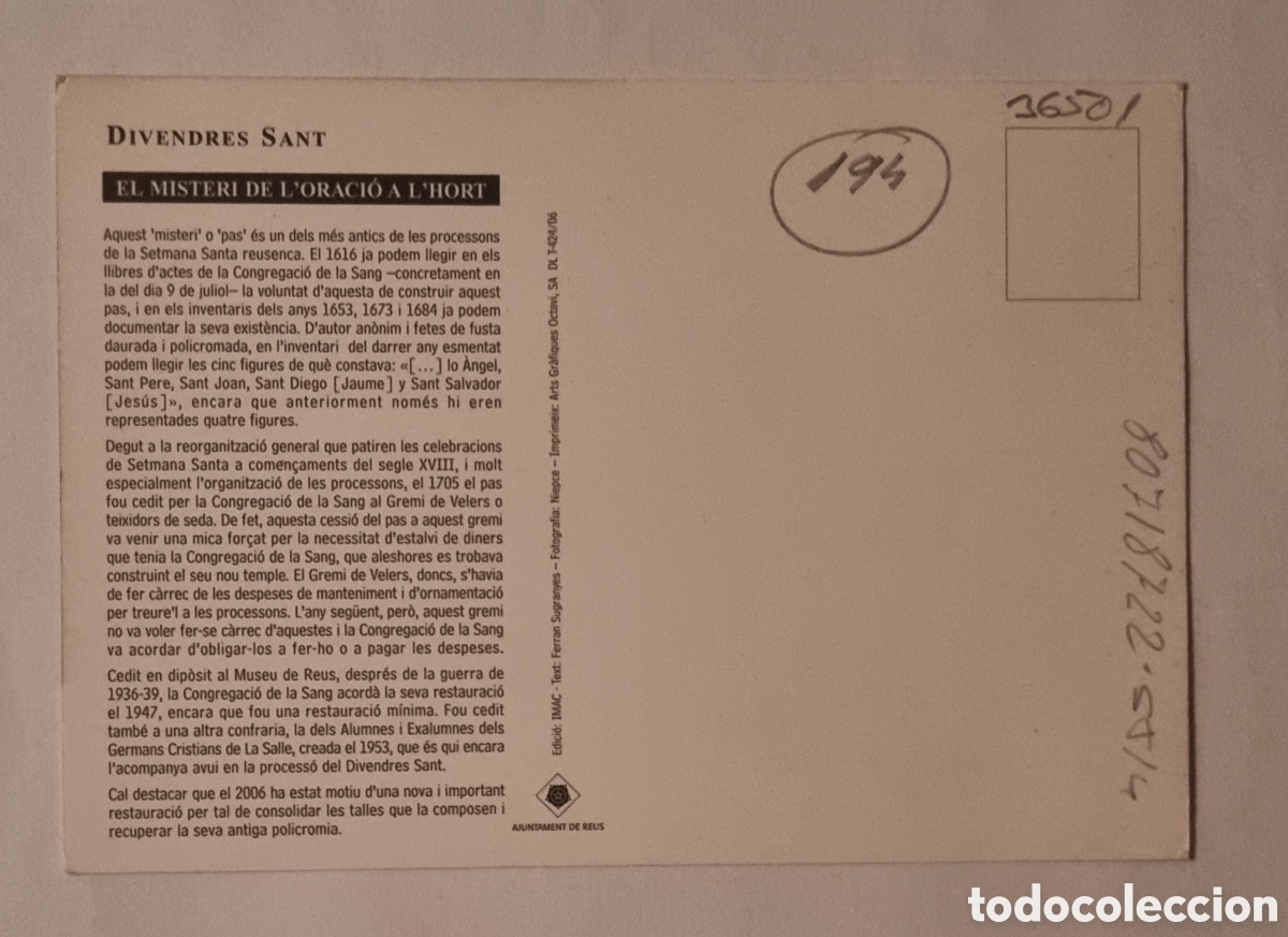 Postales: REUS - POSTALES - El Misteri de lOraci&oacute; a lHort. - Foto 2