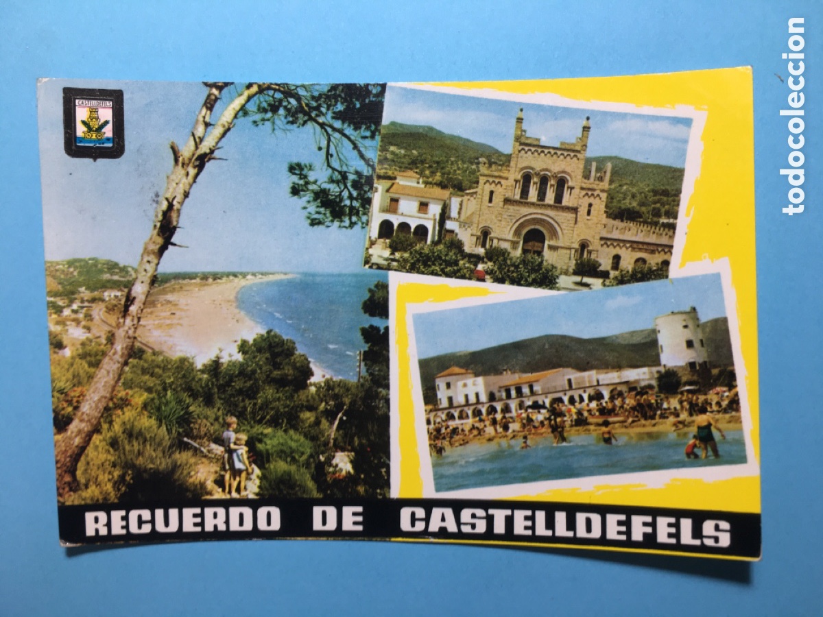 Postales: COLOR CIRCULADA RECUERDO CASTELLDEFELS 1221 PLAYA IGLESIA ESCUDO DE ORO R