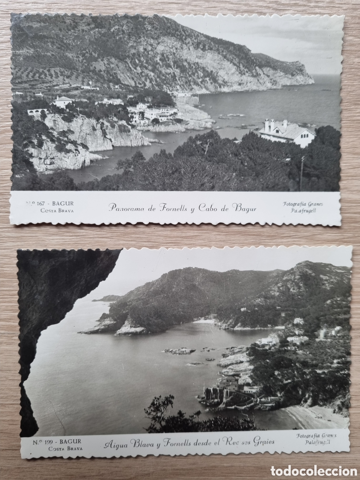 Postales: Bagur. 2 Antiguas postales fotogr&aacute;ficas. N⁰ 167 y 199. Costa Brava. Girona. Aigua Blava y Fornells.