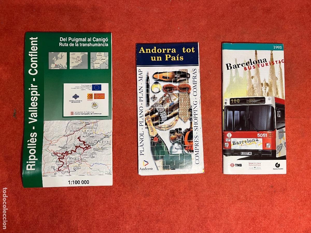 Postkarten: 3 Mapa tur&iacute;stico vintage con anuncios &ndash; Ripoll&egrave;s, Vallespir, Conflent, Andorra y Barcelona &ndash; A&ntilde;os 70