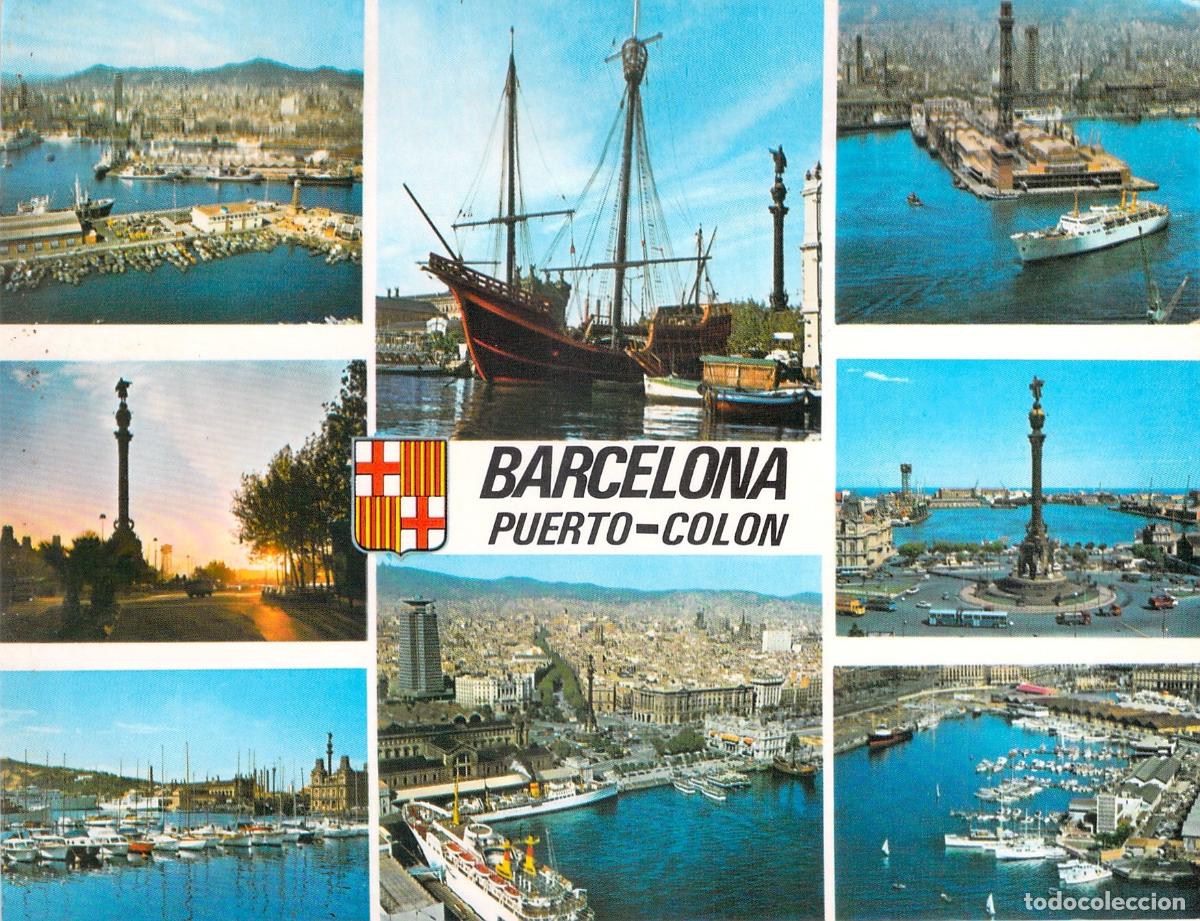 Cartoline: Postal Barcelona M&uacute;ltiples Vistas Puerto y Monumento a Col&oacute;n, Ediciones Campa&ntilde;&aacute;