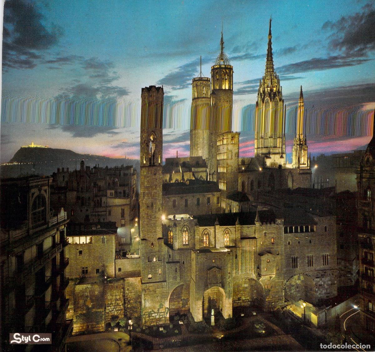 Postais: Postal Barcelona Catedral y Murallas de Noche, Vista Iluminada Styl Crom