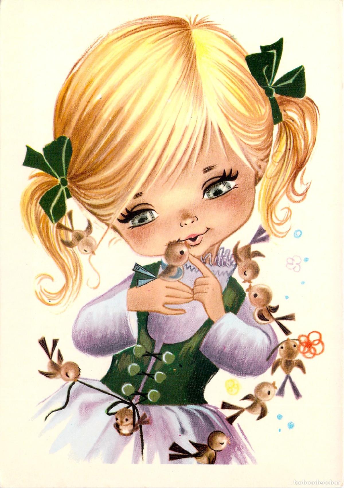 Postkarten: Postal Ilustraci&oacute;n Ni&ntilde;a Rubia Kitsch con P&aacute;jaros Serie 1070 Eurocromo