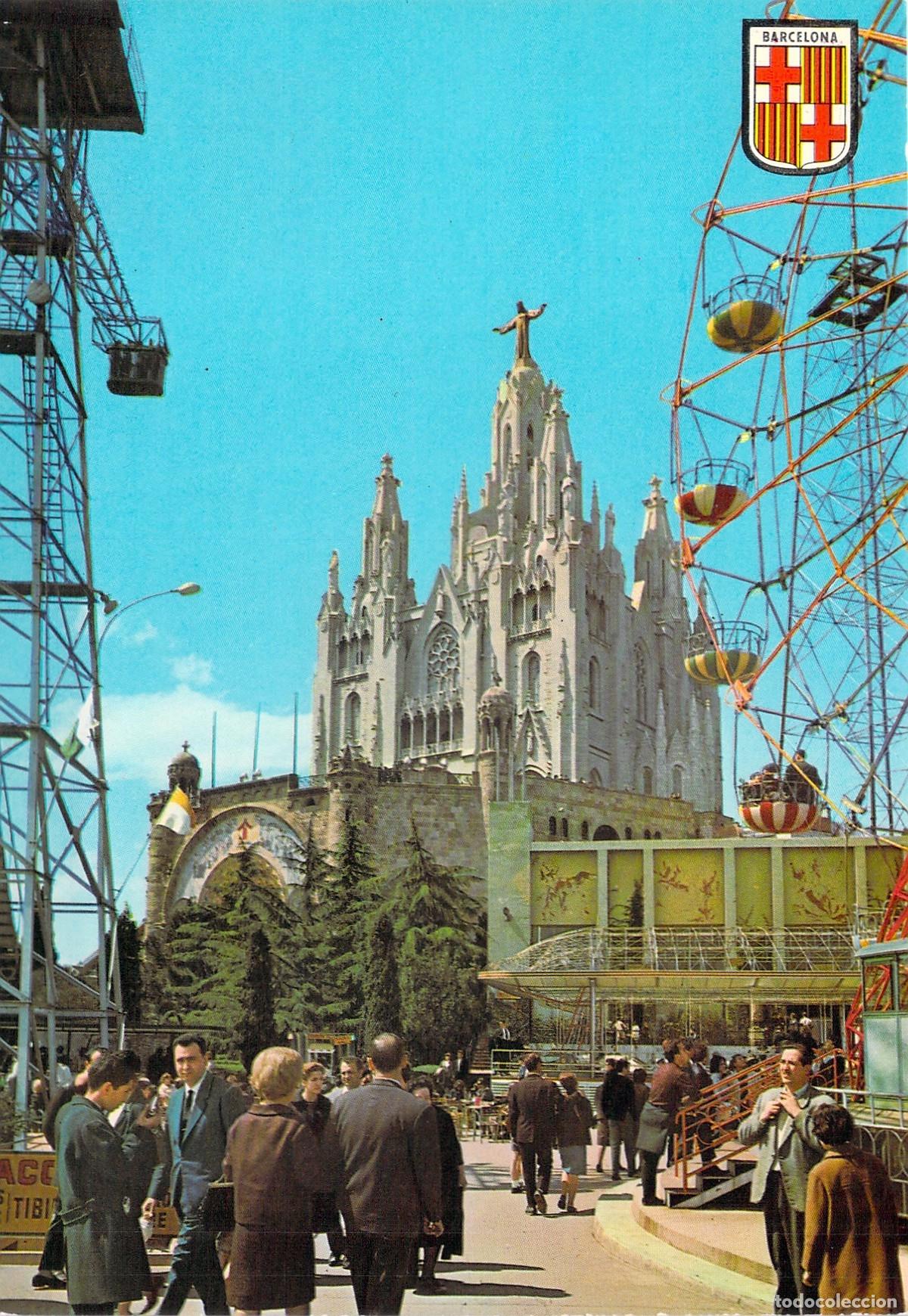 Postales: Postal Barcelona Tibidabo Templo Expiatorio Sagrado Coraz&oacute;n y Parque Atracciones