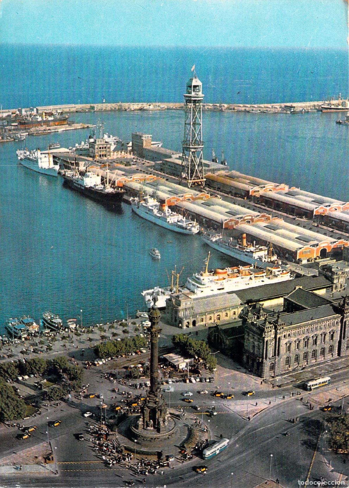 Postais: Postal Color Puerto de Barcelona, Monumento a Col&oacute;n y Torre Jaime I, Vista A&eacute;rea