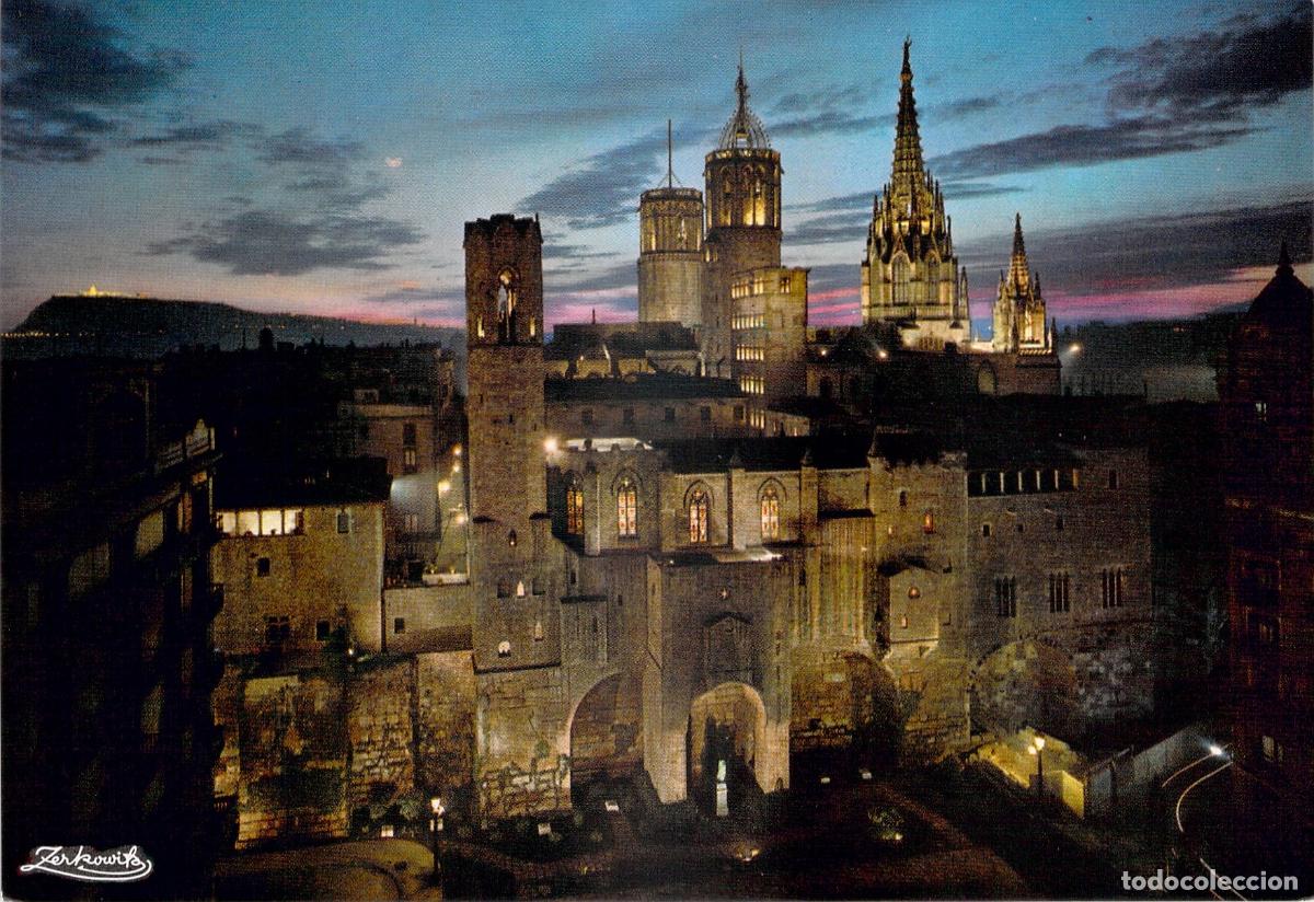 Postales: Postal de Barcelona: Barrio G&oacute;tico y Plaza Berenguer de Noche