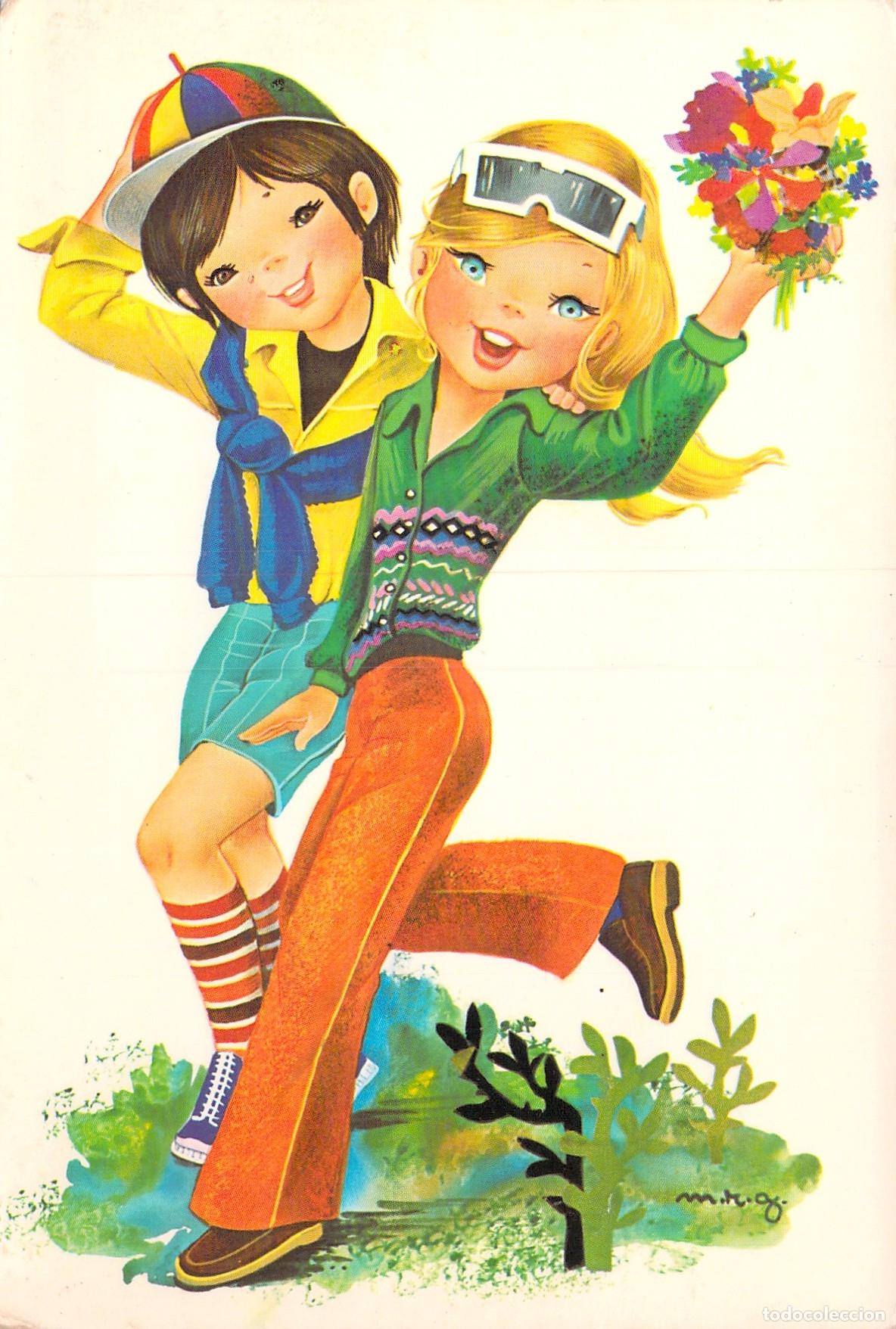 Postales: Postal Ilustrada Infantil Ni&ntilde;as con Flores y Moda de los Setenta