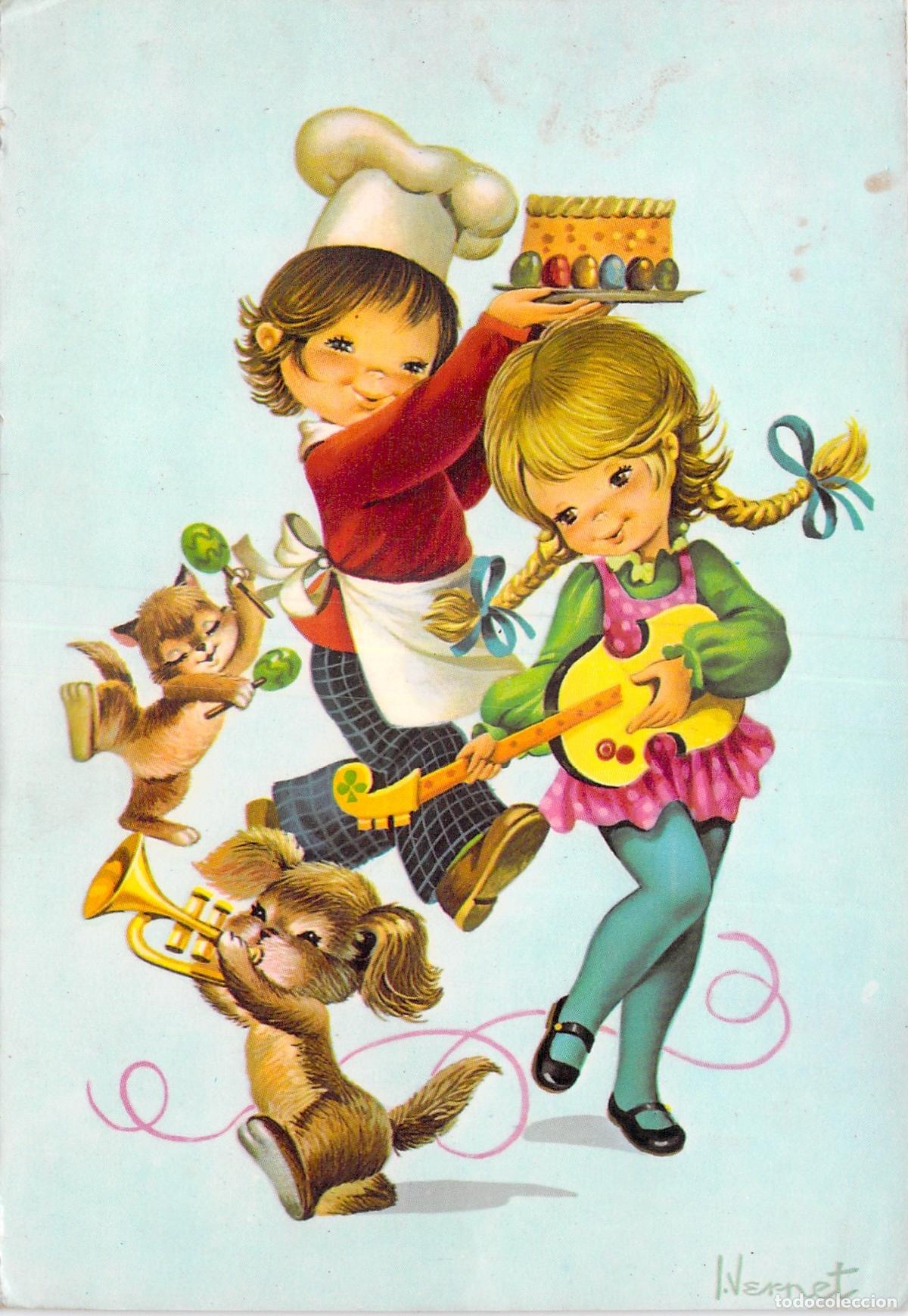 Postales: Tarjeta Postal Ilustrada de Ni&ntilde;os y Animales M&uacute;sicos por Vernet