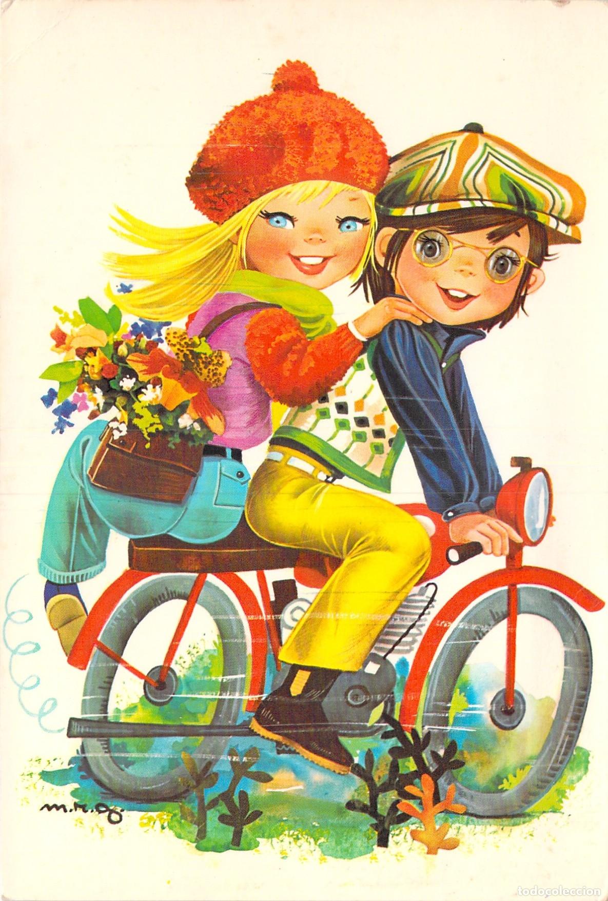 Postales: Tarjeta Postal Infantil Ni&ntilde;os en Motocicleta con Flores m.r.g.