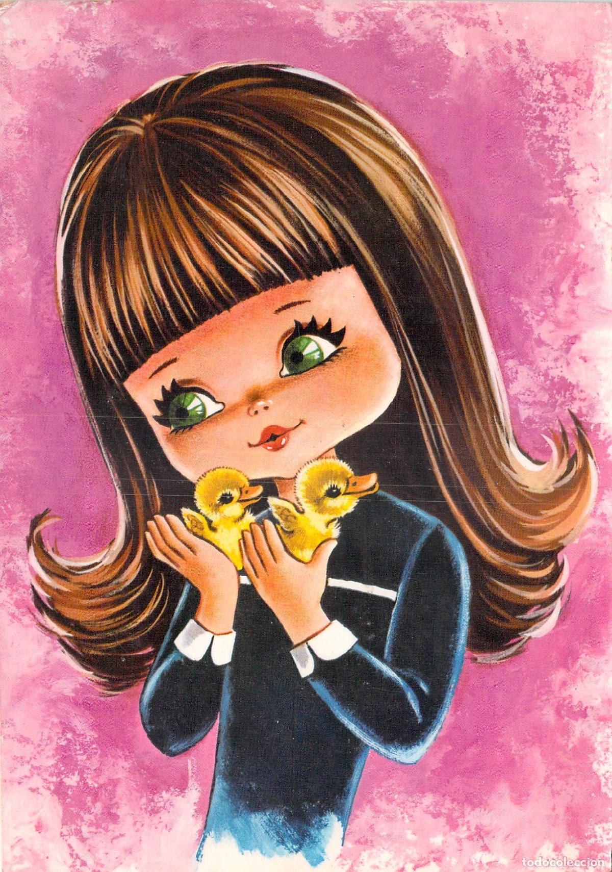 Postales: Postal Ilustrada Ni&ntilde;a con Patitos Estilo Ojos Grandes Savir