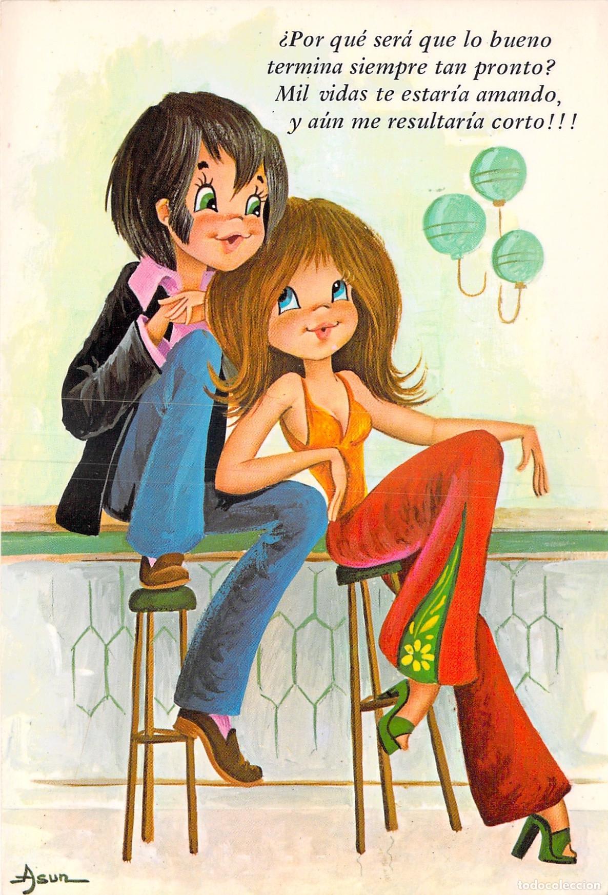 Postales: Postal Ilustrada de Pareja Rom&aacute;ntica Estilo Retro