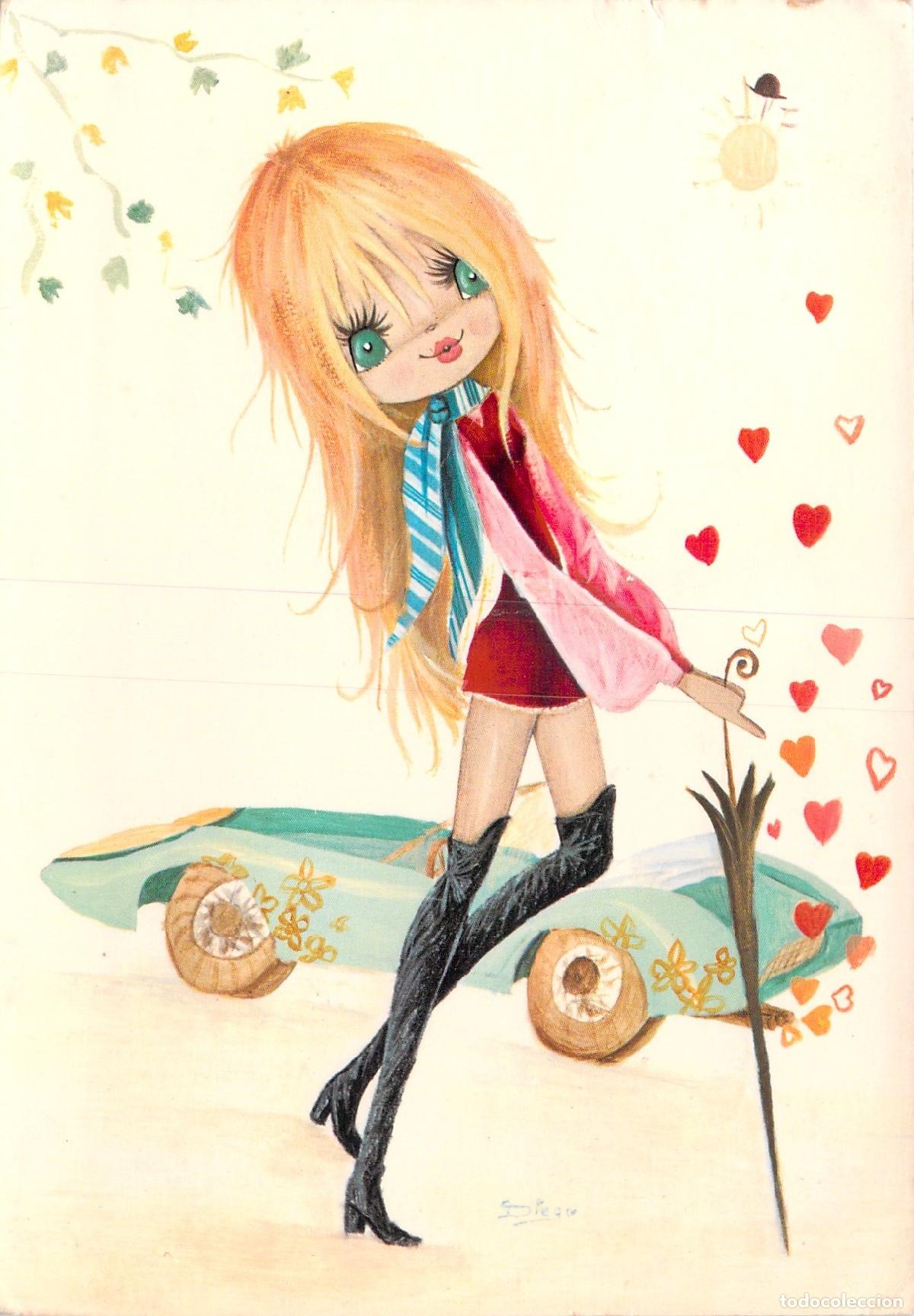 Postales: Postal de Ilustraci&oacute;n Ni&ntilde;a con Ojos Grandes y Coche Estilo Kitsch