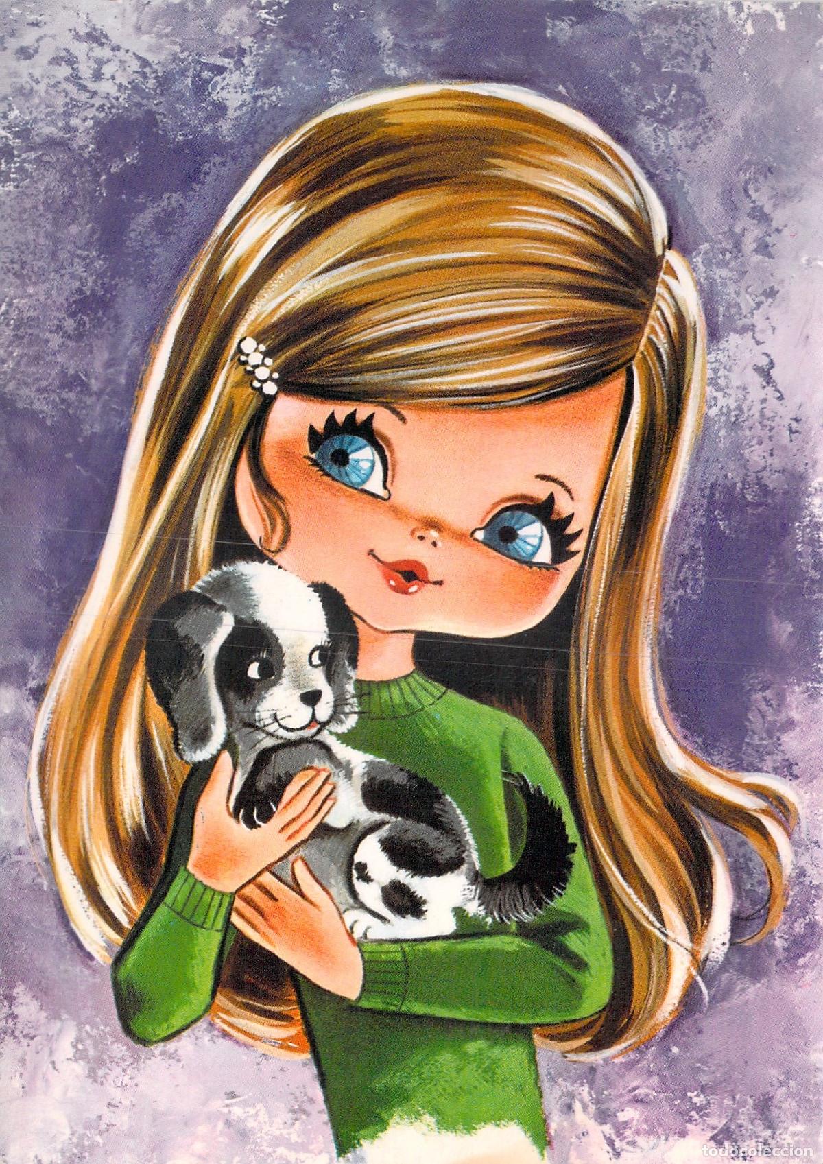 Postales: Postal Ilustrada Ni&ntilde;a con Cachorro Estilo Ojos Grandes Savir