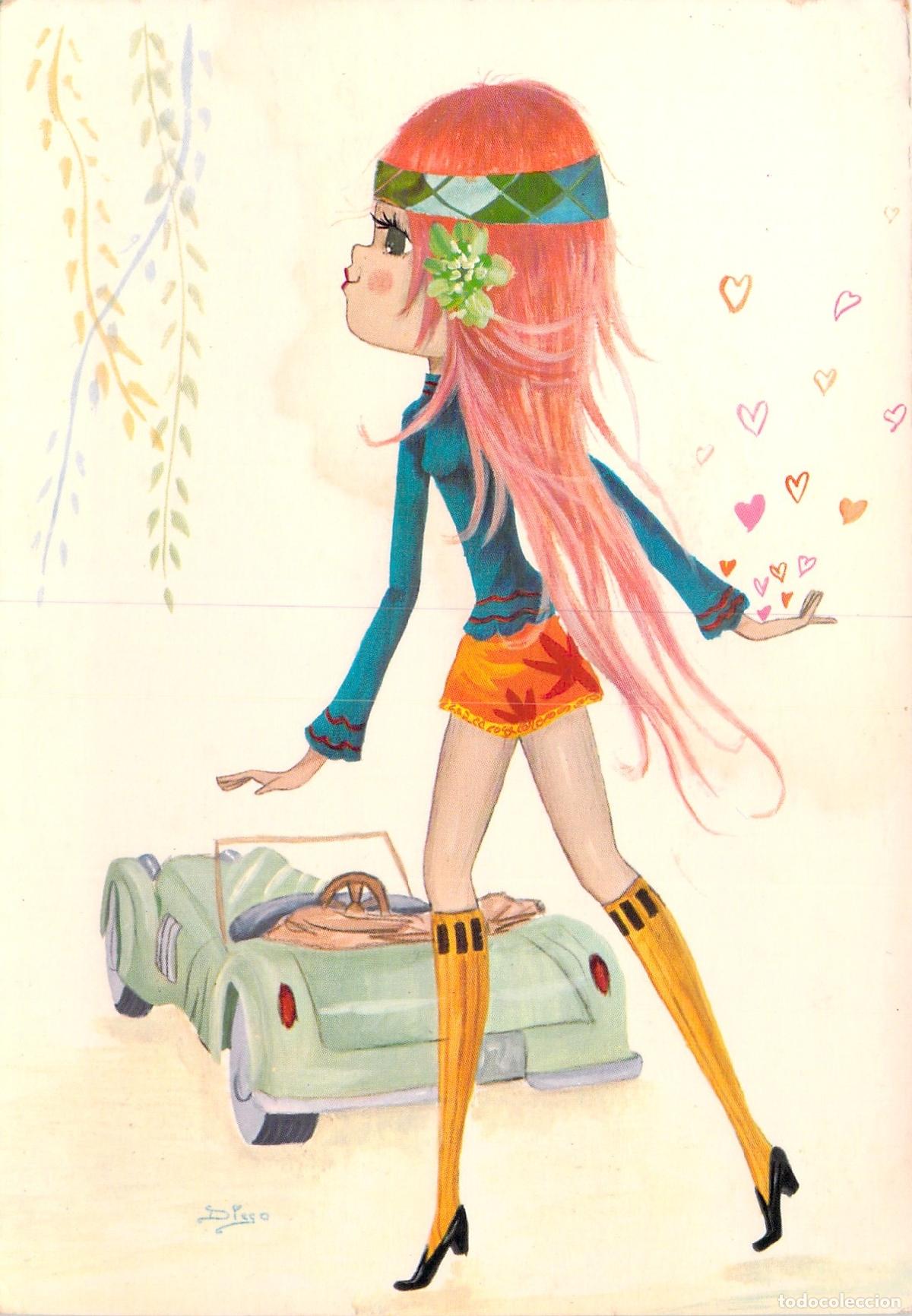Postales: Postal de Ilustraci&oacute;n Moda Pop Art Chica con Coche y Corazones
