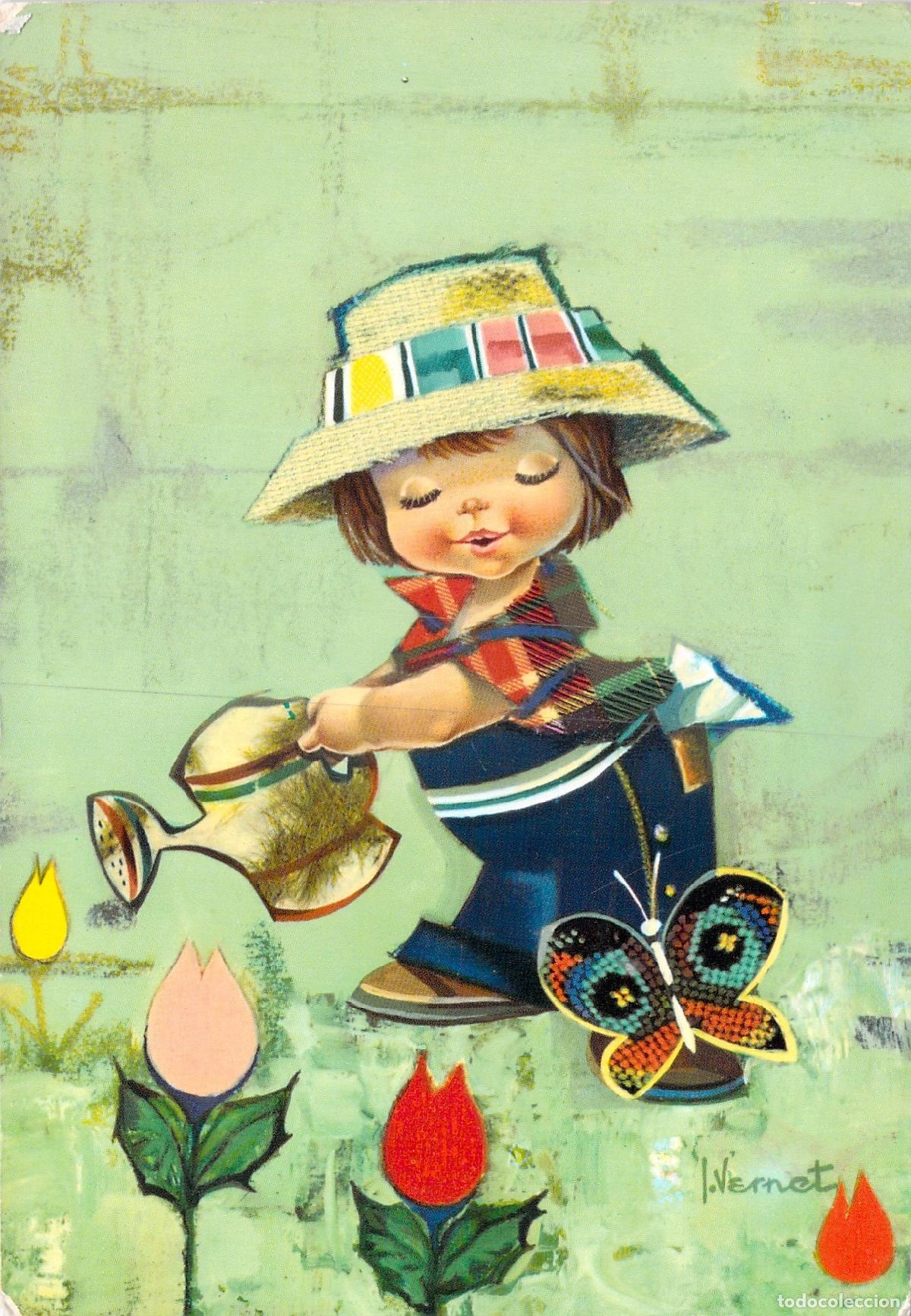 Postales: Postal Infantil de Ni&ntilde;a Regando Flores Ilustrada por J. Vernet