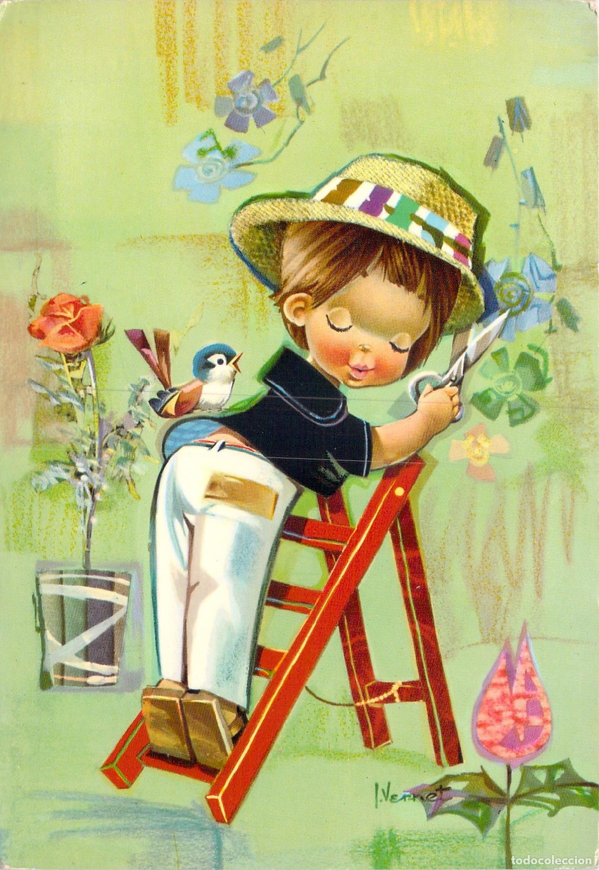 Postales: Postal de Ilustraci&oacute;n Infantil J. Vernet Ni&ntilde;o con Tijeras y Flores