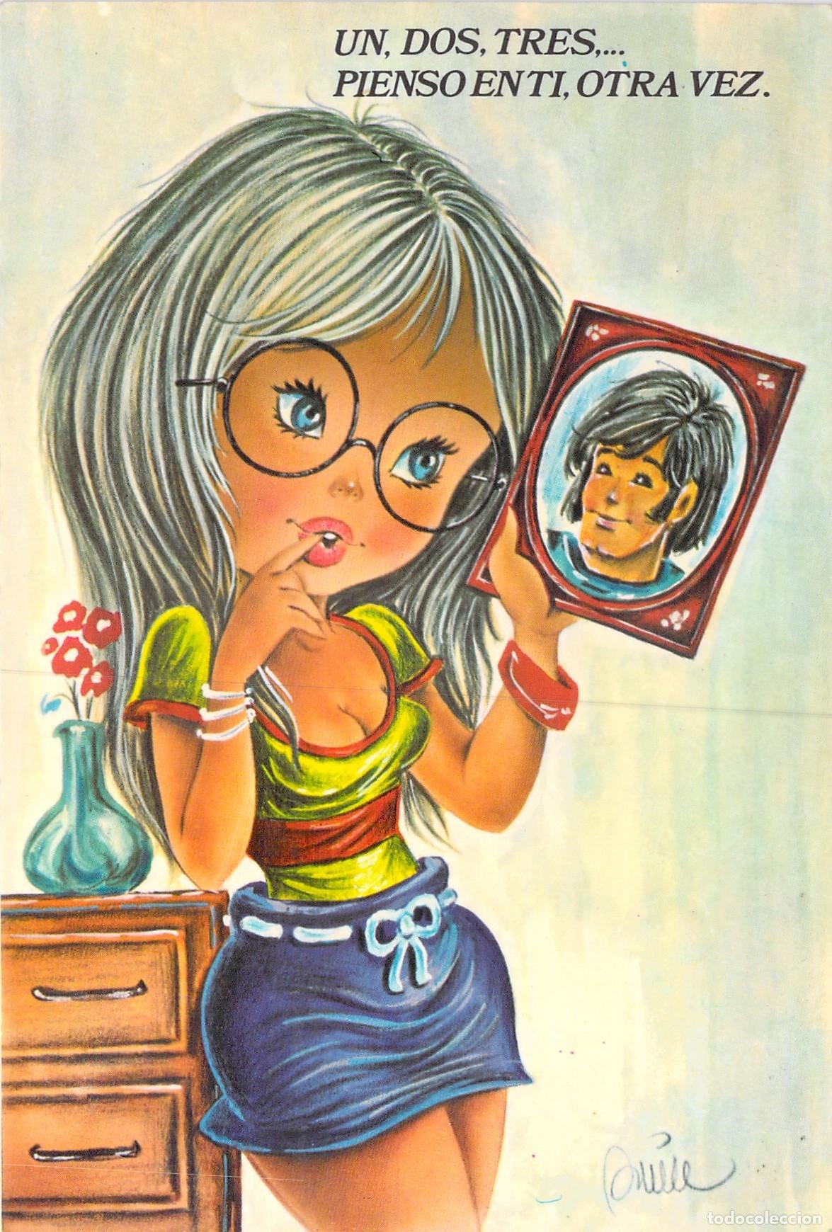 Postales: Postal Ilustraci&oacute;n Rom&aacute;ntica Vikingo Barcelona Ni&ntilde;a con Gafas