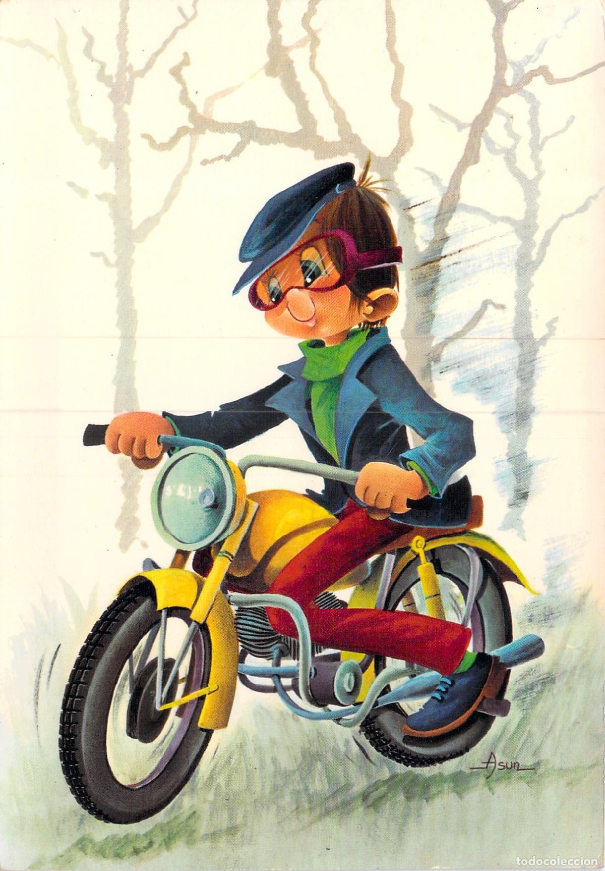 Postales: Postal Infantil con Ilustraci&oacute;n de Ni&ntilde;o en Motocicleta de Asun