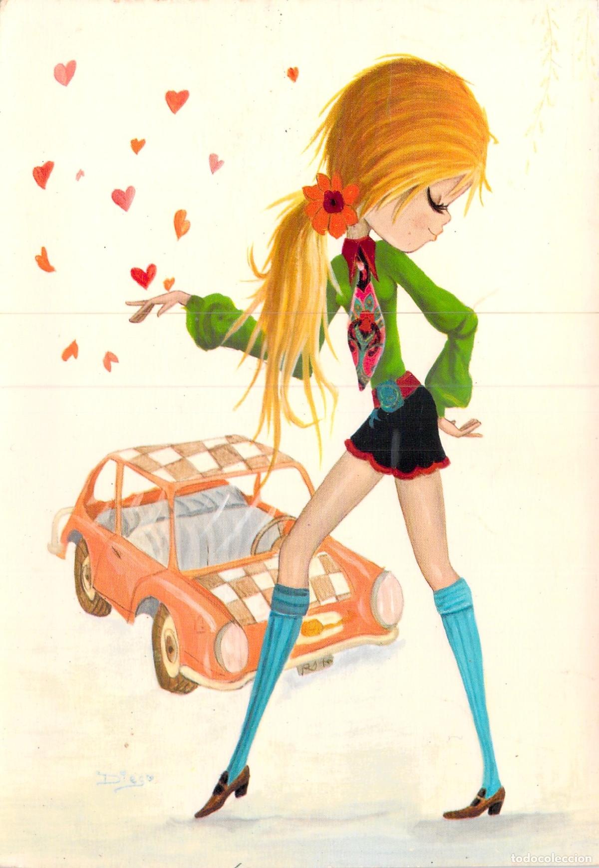 Postales: Postal de Ilustraci&oacute;n de Chica Mod con Coche y Corazones C.Y.Z.