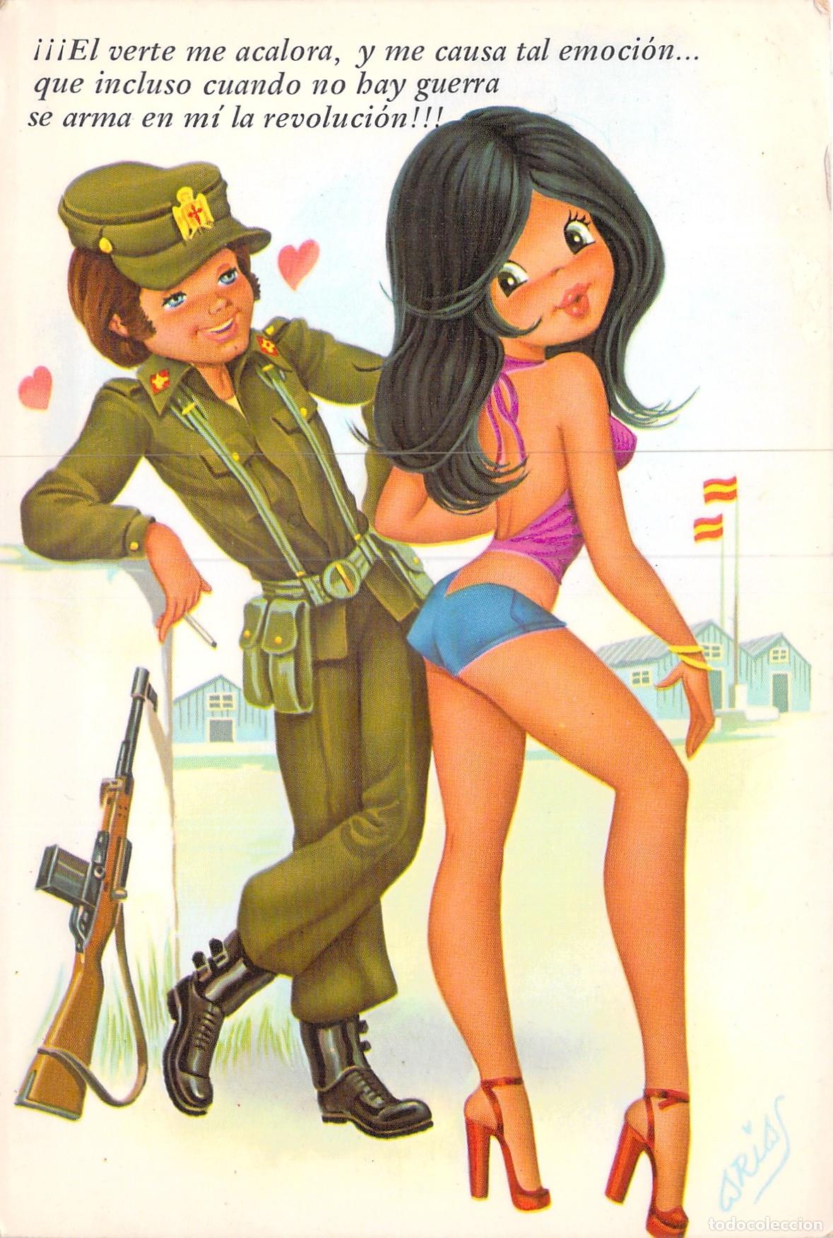 Postales: Postal Humor&iacute;stica Militar con Soldado y Joven Ilustraci&oacute;n
