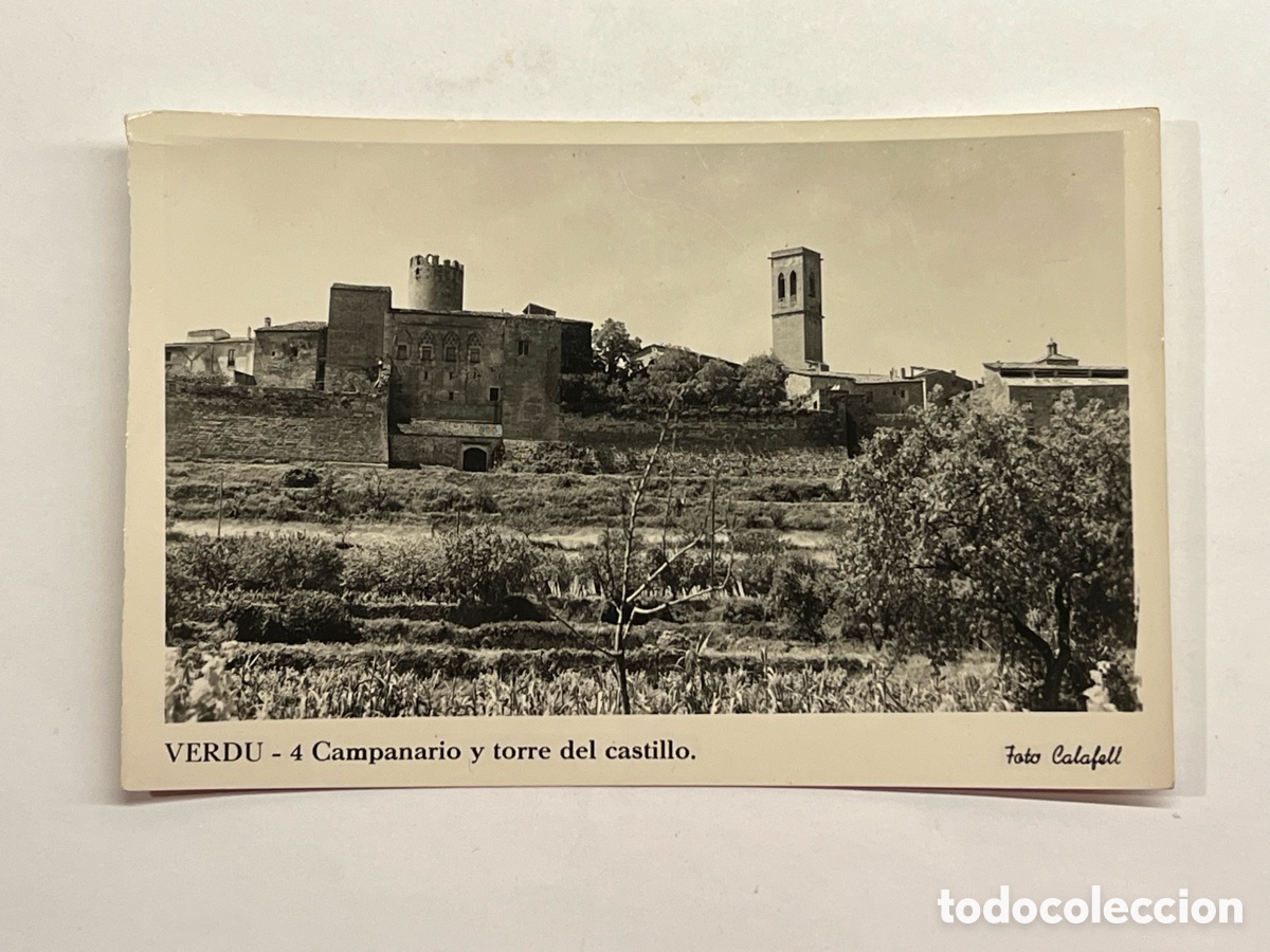 Postales: VERDU (L&eacute;rida) Postal fotogr&aacute;fica No.4, Campanario y Torre del Castillo. Foto Calafell (h.1950?) S/C