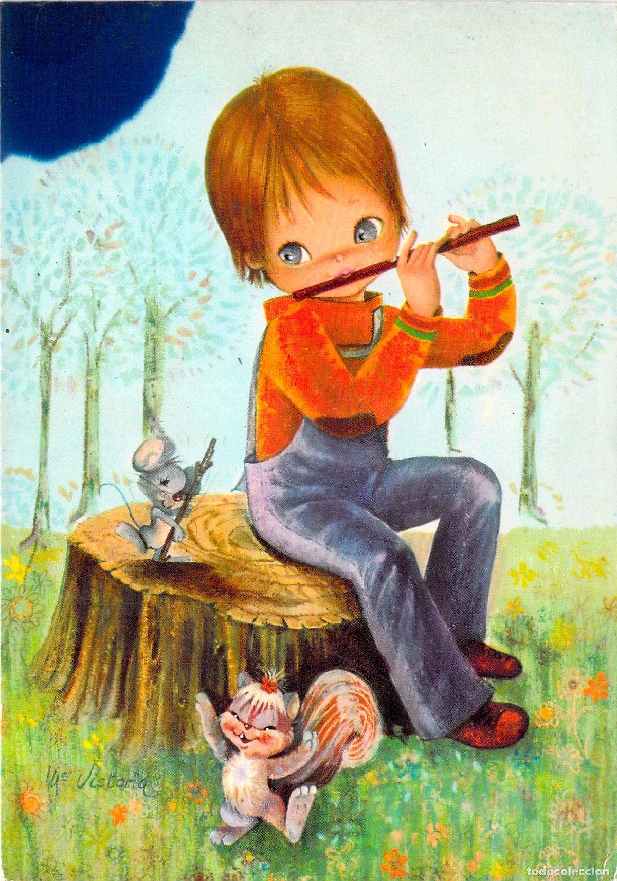 Postales: Tarjeta Postal Ilustraci&oacute;n Ni&ntilde;o con Flauta y Animales Ojos Grandes