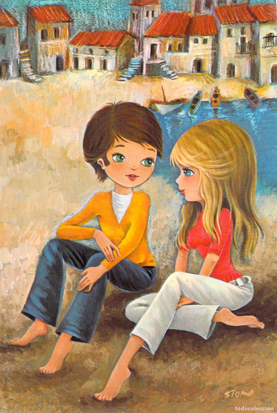 Postales: Postal Ilustrada Infantil de Ni&ntilde;os en la Playa Estilo A&ntilde;os 70