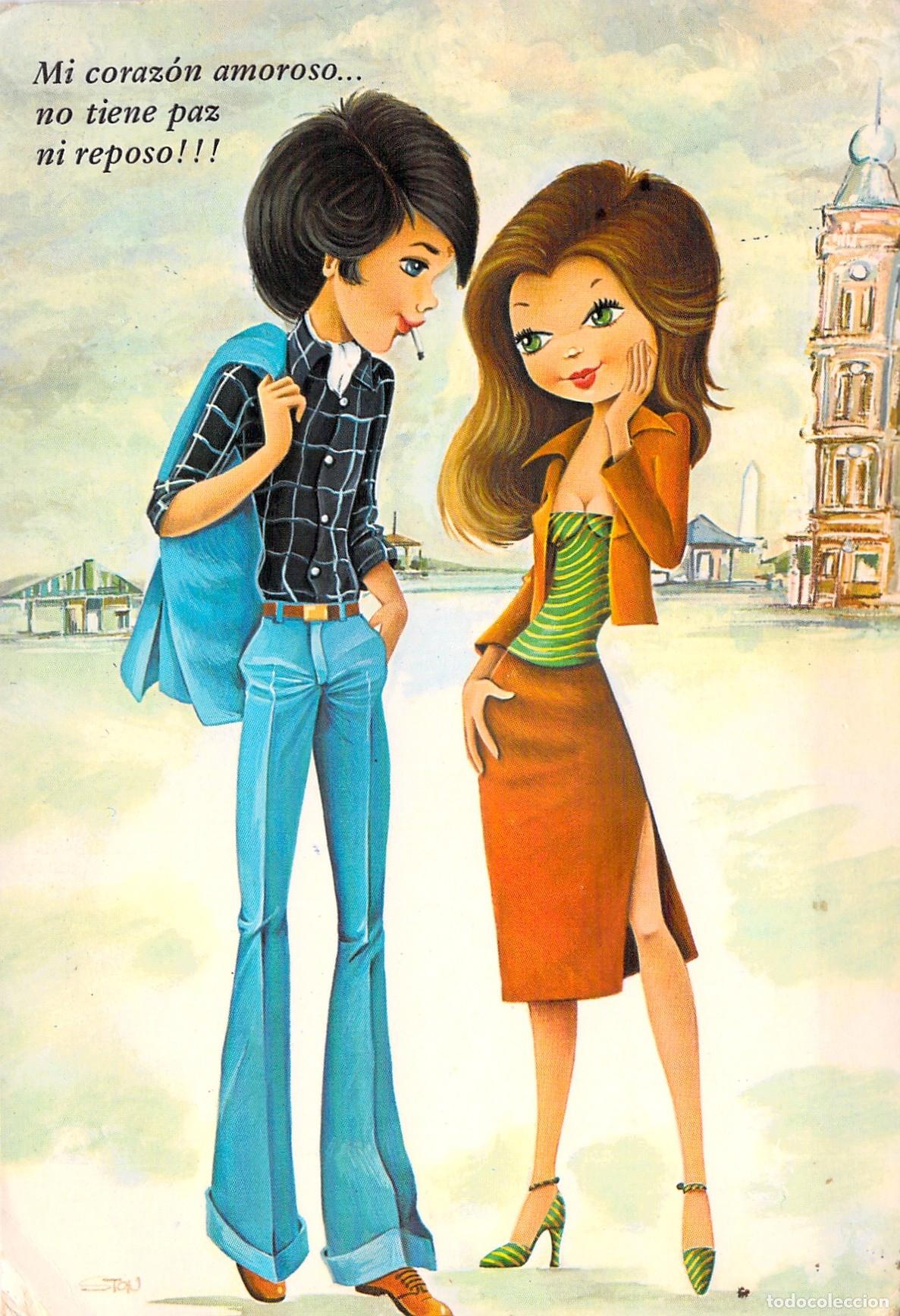 Postales: Postal Ilustrada de Pareja Joven con Frase Rom&aacute;ntica Barcelona