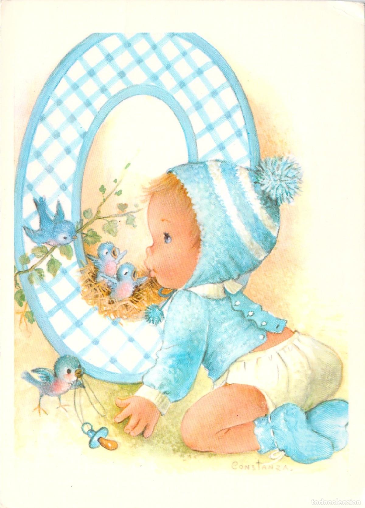 Postales: Postal Infantil Ilustrada de Beb&eacute; con Pajaritos por Constanza