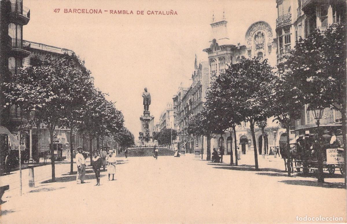 Postales: Postal Rambla de Catalu&ntilde;a en Barcelona con Monumento
