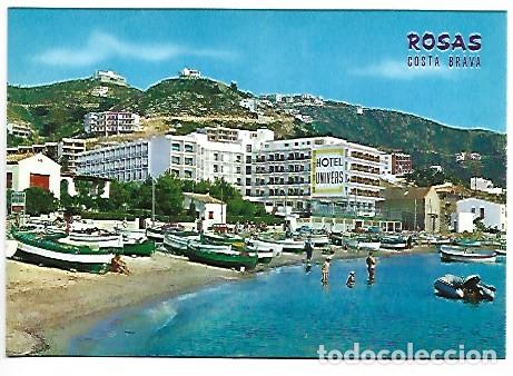 Postales: PLAYA DE LOS PESCADORES Y UNO DE LOS GRANDES HOTELES.- ROSAS / GIRONA