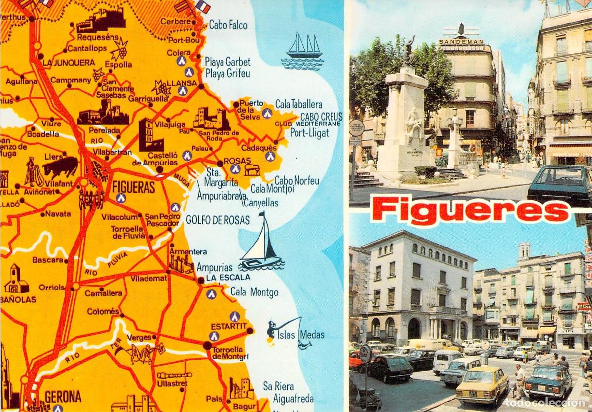 Postales: Postal Figueres Vistas del Centro y Mapa Comarcal - Foto 1