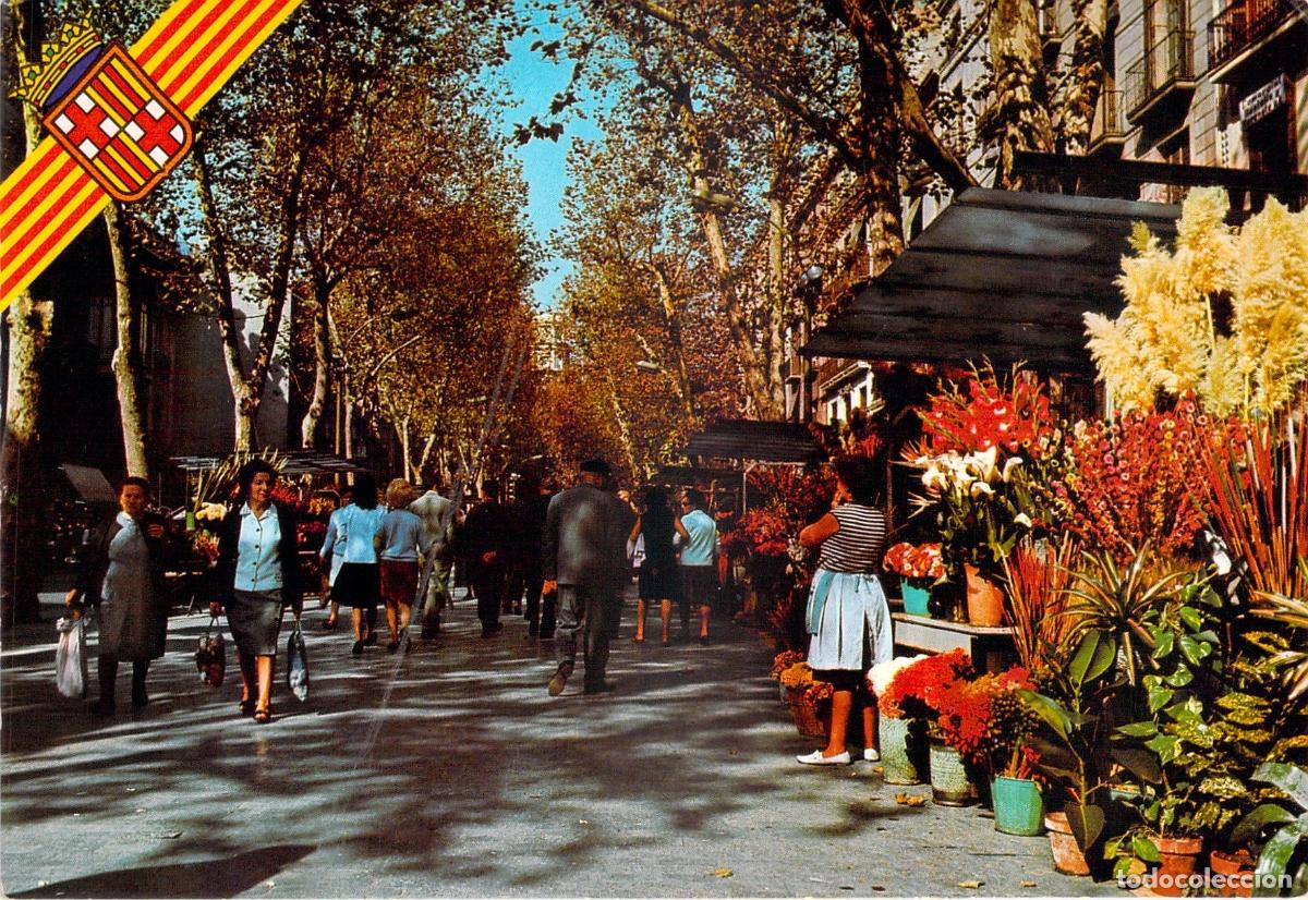 Postales: Postal de Barcelona: Rambla de las Flores con Puestos y Viandantes