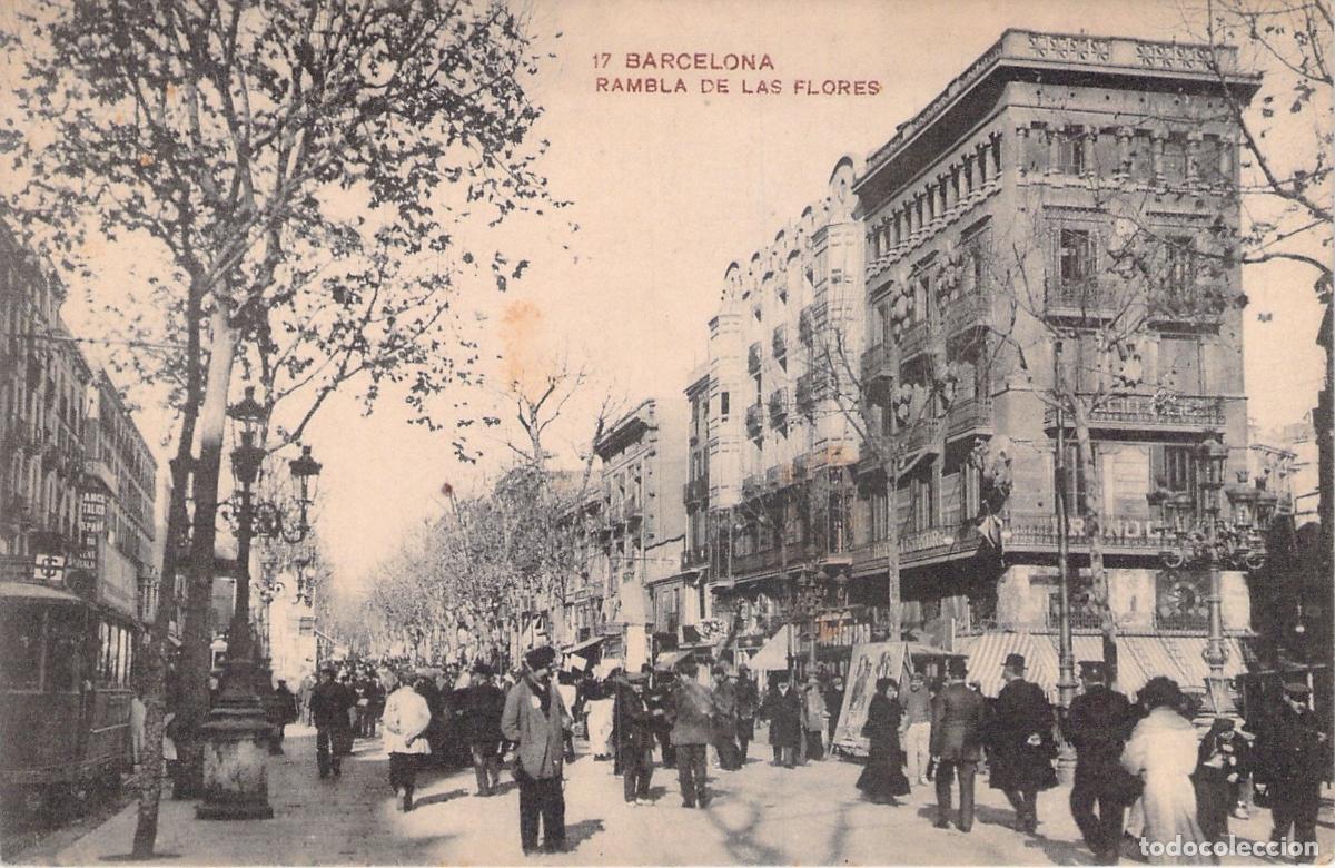 Postales: Postal de Barcelona, Rambla de las Flores con Gente y Tranv&iacute;a