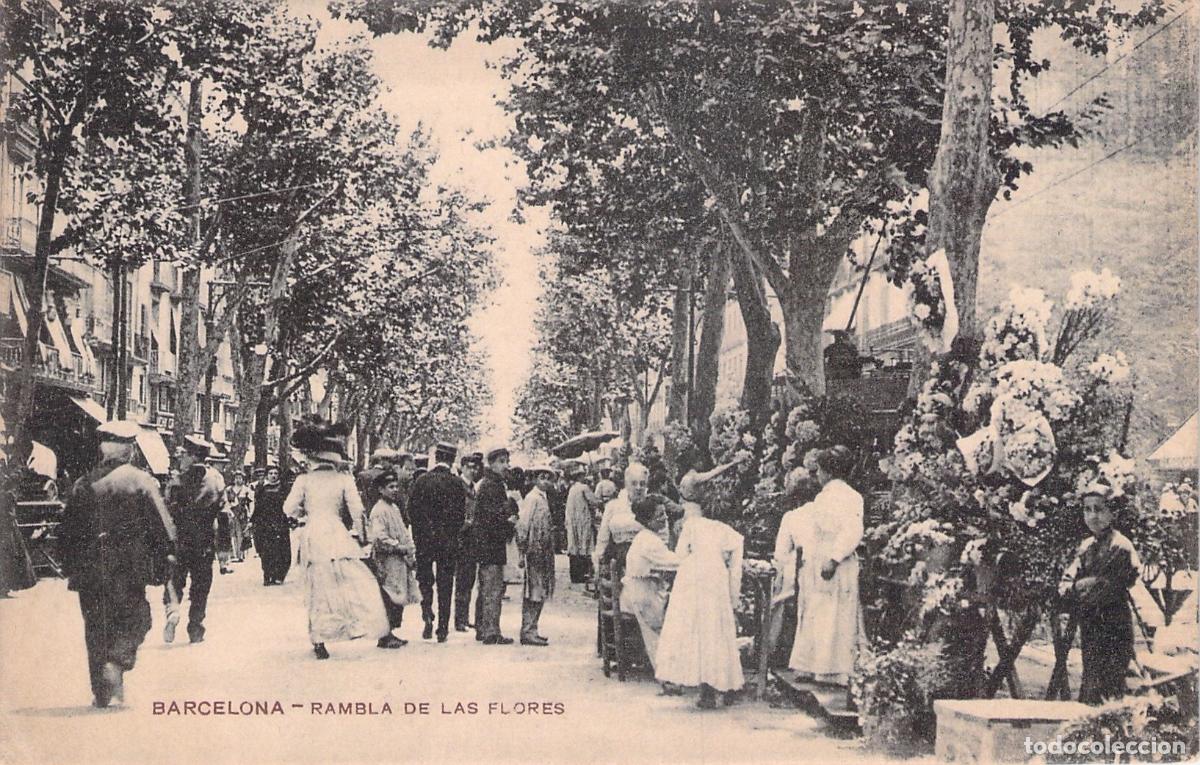 Postales: Postal de Barcelona, Rambla de las Flores con Puestos de Flores